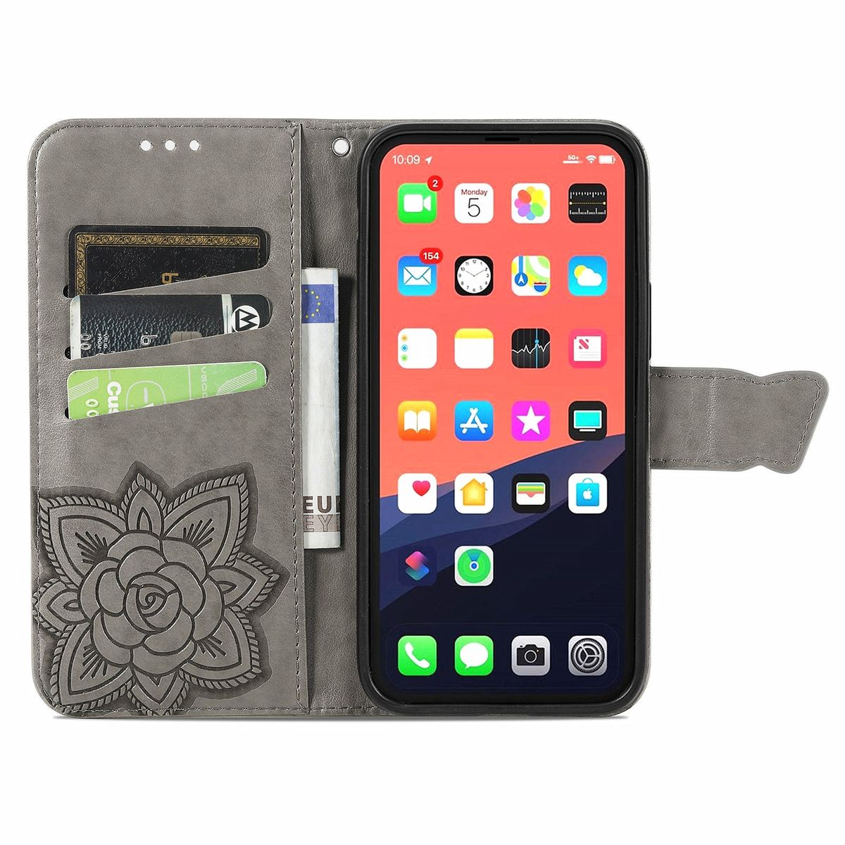 Graue Handytasche mit Blumendesign, die ein Telefon mit App-Symbolen und Karten hält.