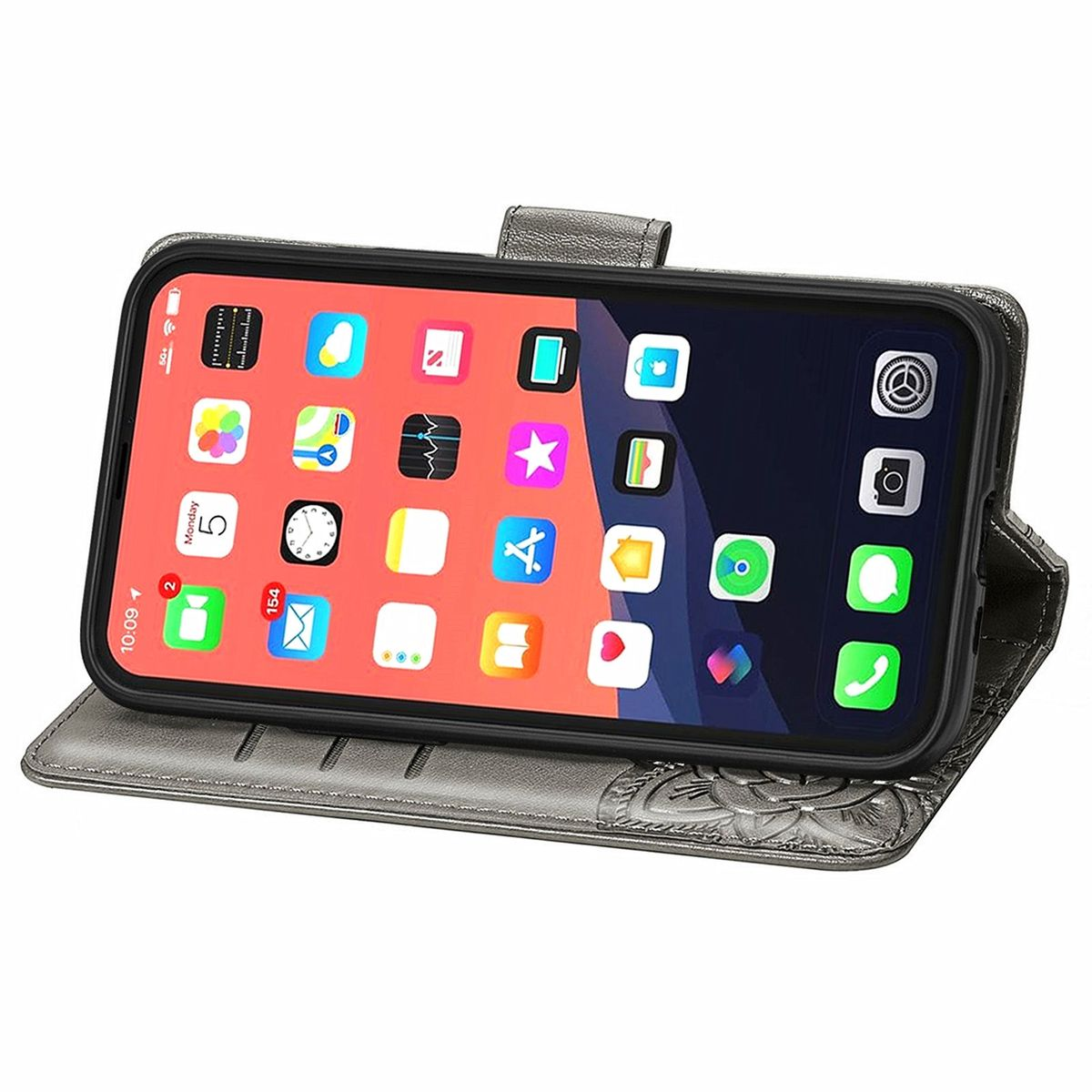 Geöffnete graue Handyhülle mit Telefon, App-Icons auf dem Bildschirm.