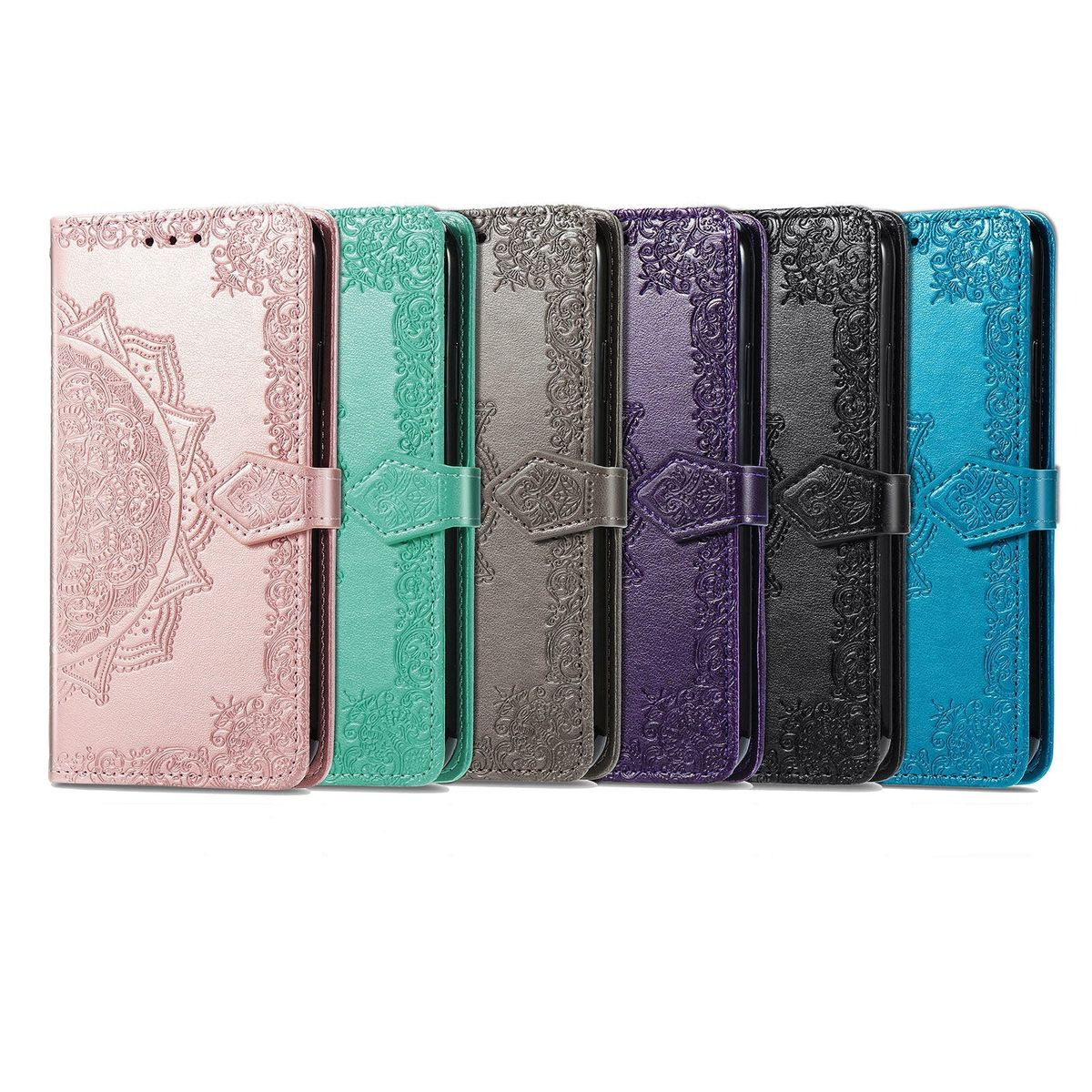 Mehrere Telefonhüllen mit geprägten Blumen- oder Mandala-Designs in verschiedenen Farben, darunter Rosa, Grün und Grau.