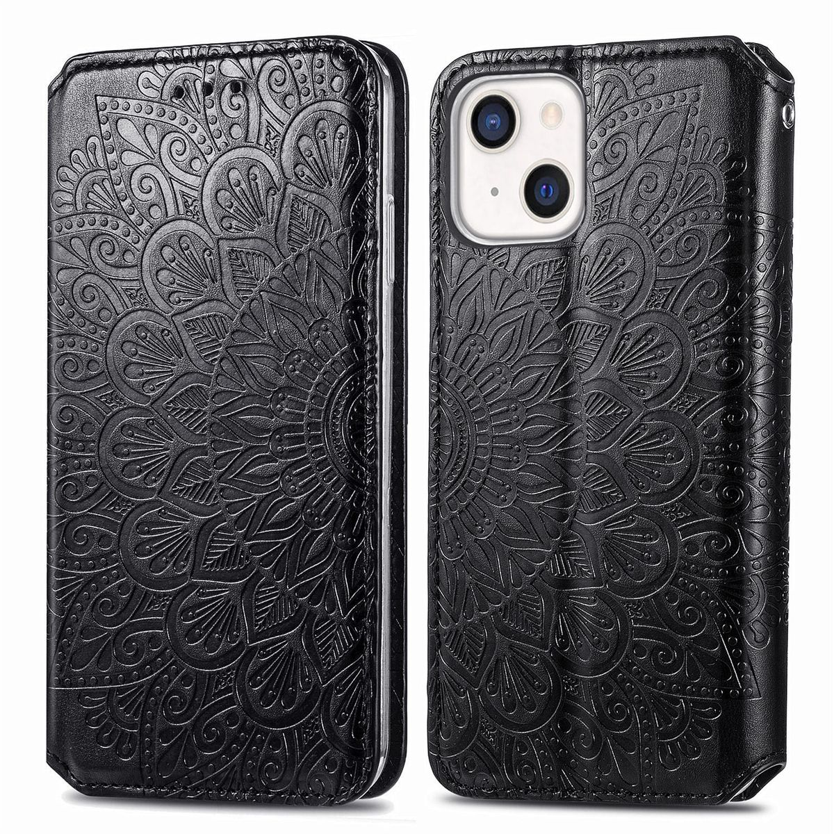 Schwarze Handyhülle mit Mandala-Design, geöffnet, um das Telefon zu zeigen. Die Hülle ist lederartig.