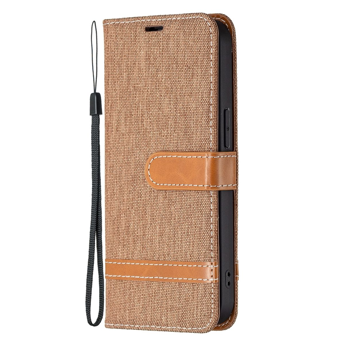 Braune Handyhülle mit Riemen, Telefon innen, lederartige Textur.
