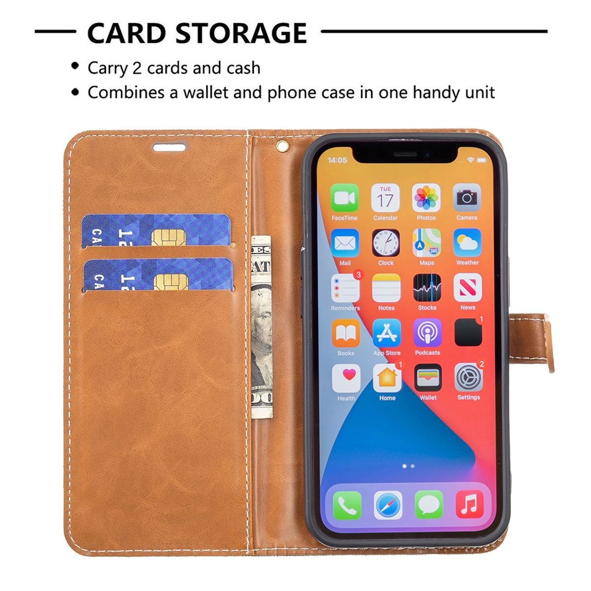 Braunes Leder-Handycase mit Karten und Bargeld. Das Telefon zeigt den Startbildschirm.