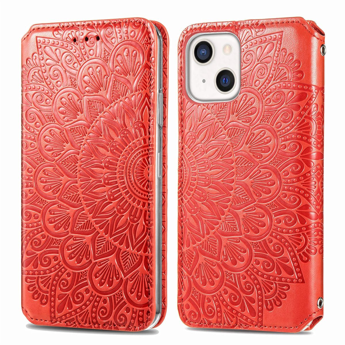 Eine rote Handyhülle mit einem Mandala-Muster. Die Hülle ist offen und zeigt das Telefon im Inneren.