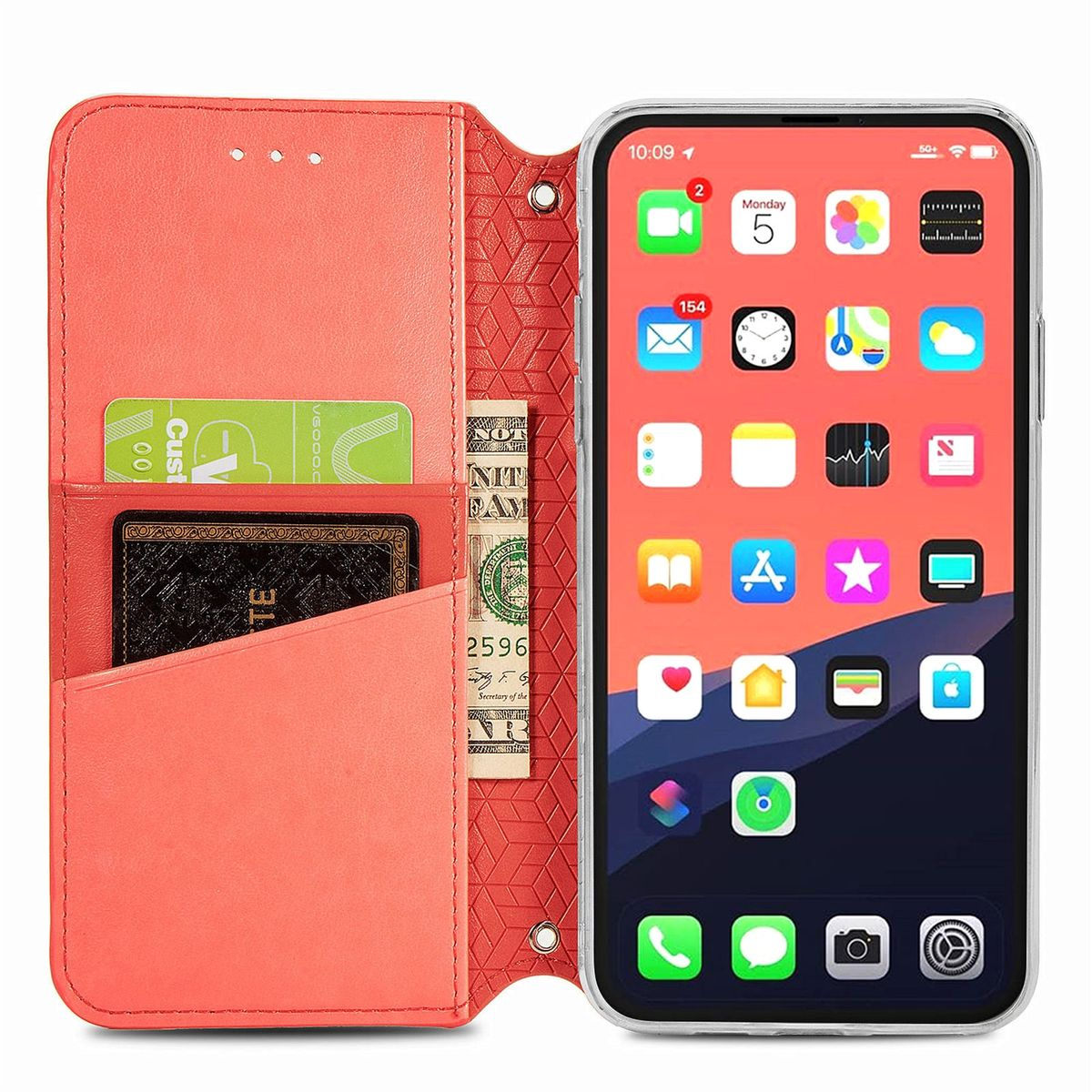 Ein Telefon in einer Brieftaschentasche. Die Tasche ist geöffnet und zeigt Karten, Bargeld und den Telefonbildschirm mit App-Symbolen.