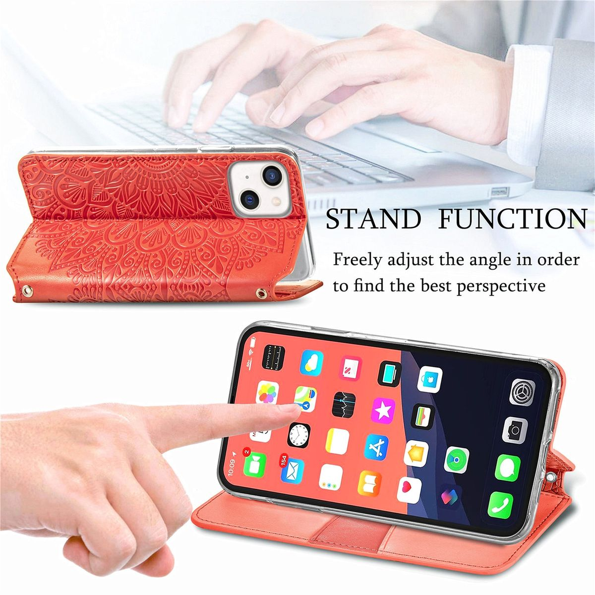 Eine orangefarbene Handyhülle mit einem Telefon darin. Die Hülle hat ein Mandala-Design und eine Standfunktion.