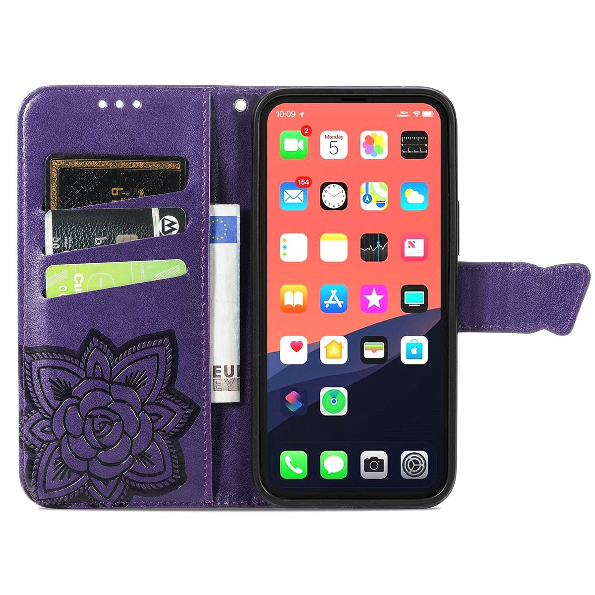 Lila Handyhülle mit Blumendesign, geöffnet, um Telefon und Karten zu zeigen.