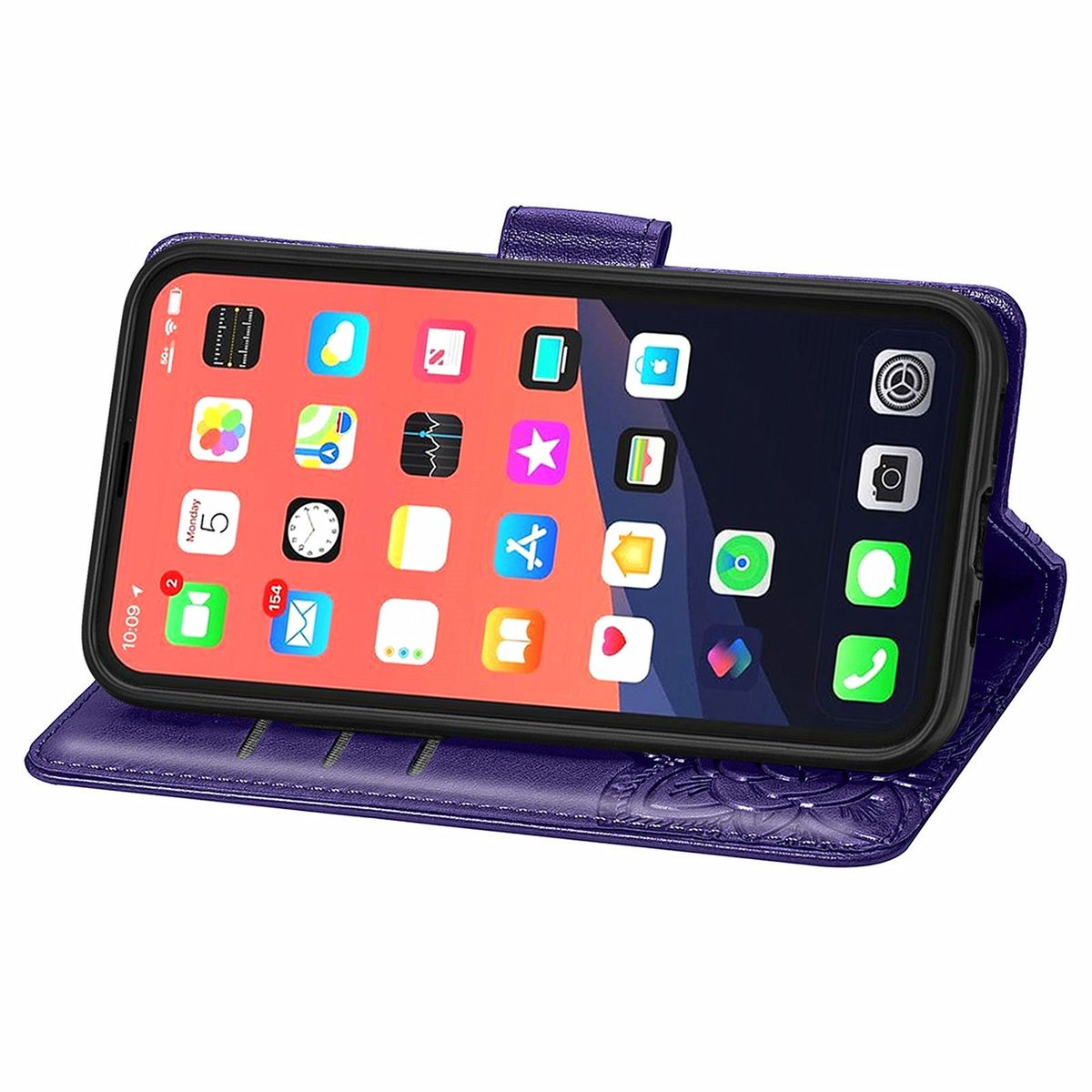 Lila Handyhülle mit Handy, offen. Zeigt Telefon-Apps. Lila Leder im Brieftaschenstil mit floralem Design.