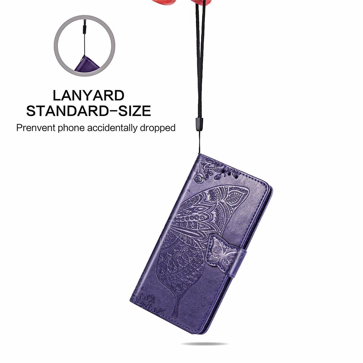 Lila Handyhülle mit Schmetterlingsdesign und Schlüsselband. Text: "LANYARD STANDARD-SIZE".