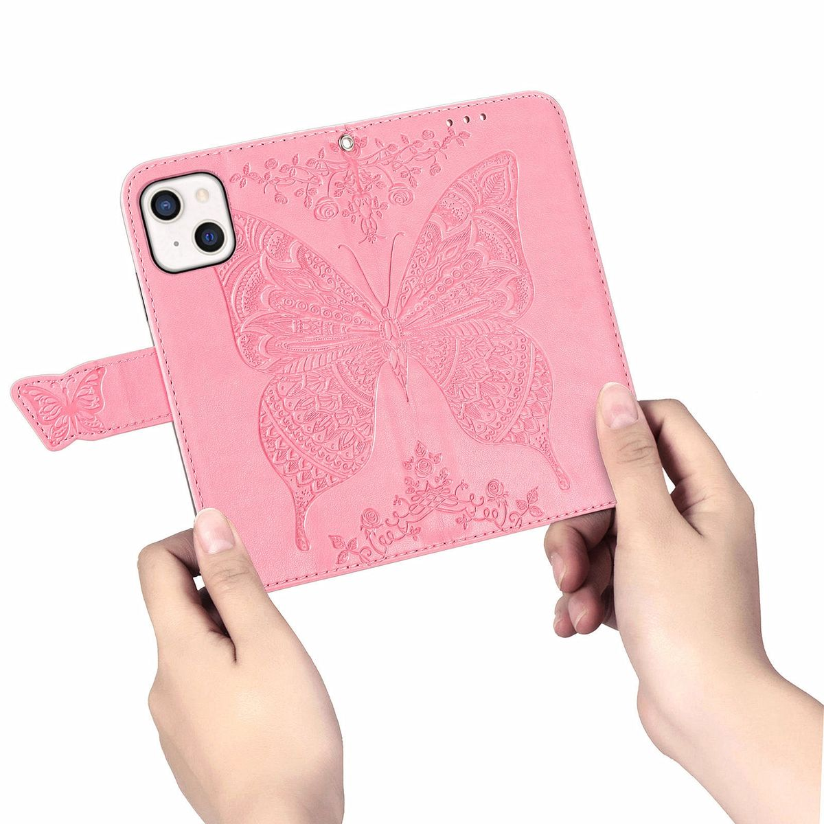 Rosa Handyhülle mit Schmetterlingsdesign, gehalten von zwei Händen.