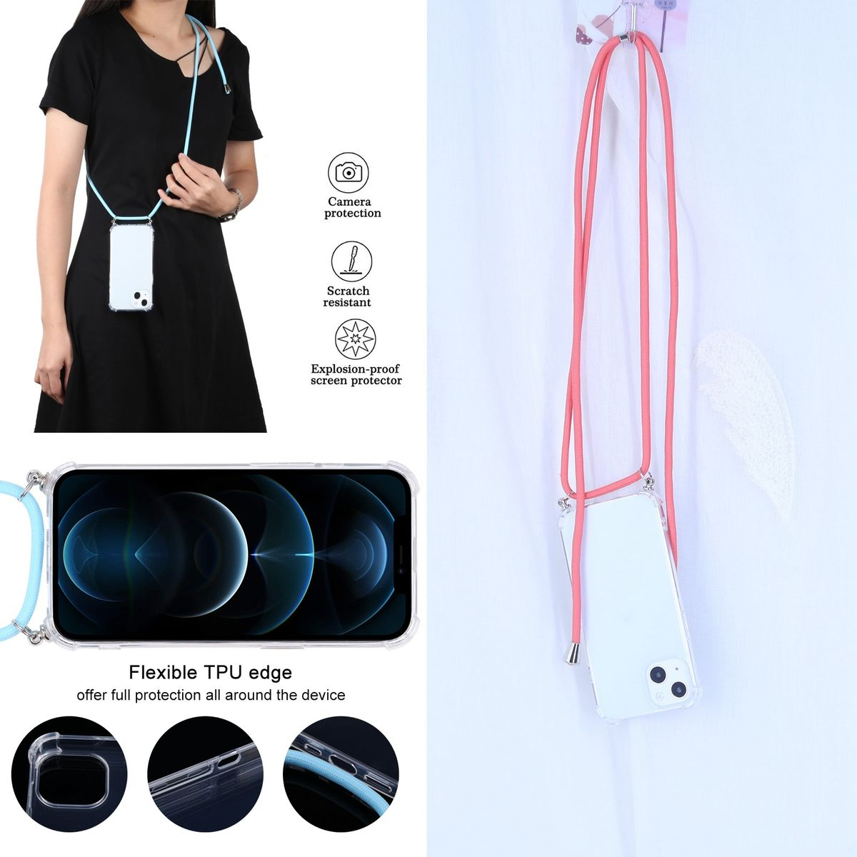 Ein Telefon mit einer transparenten Hülle und einem rosafarbenen Riemen, in einer Produktpräsentation.