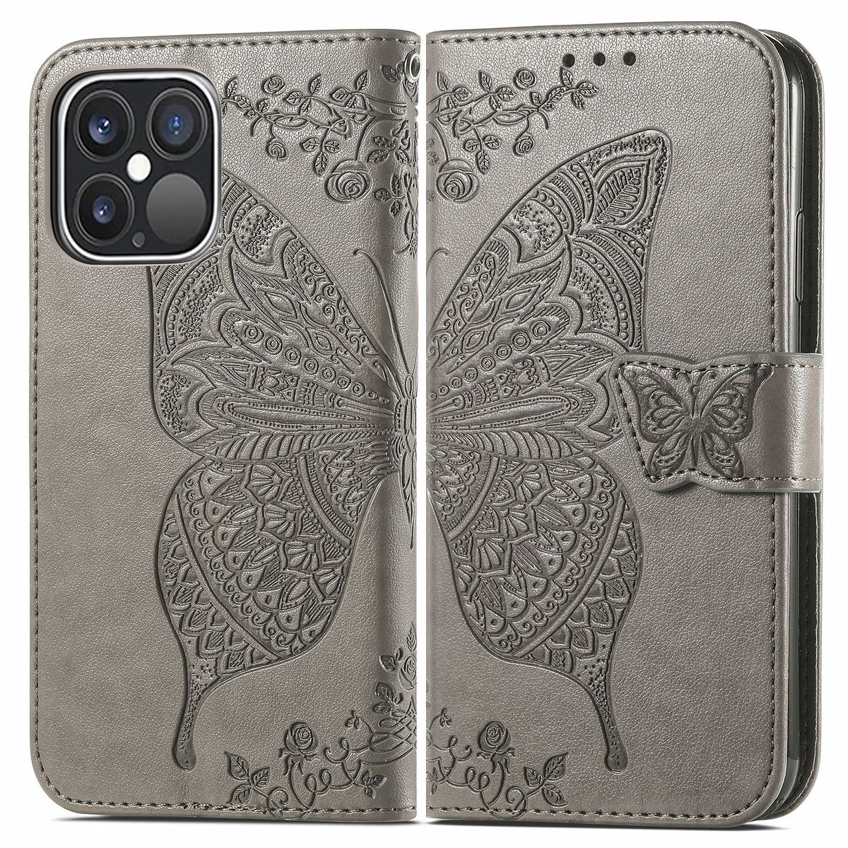 Eine graue Handyhülle mit einem geprägten Schmetterlingsdesign. Das Telefon befindet sich in der Hülle.