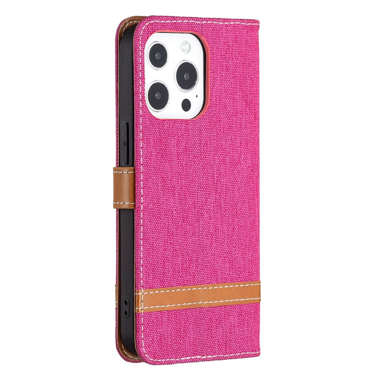 Eine pinke Handyhülle mit braunem Streifen und Telefon darin. Die Hülle ist geschlossen.