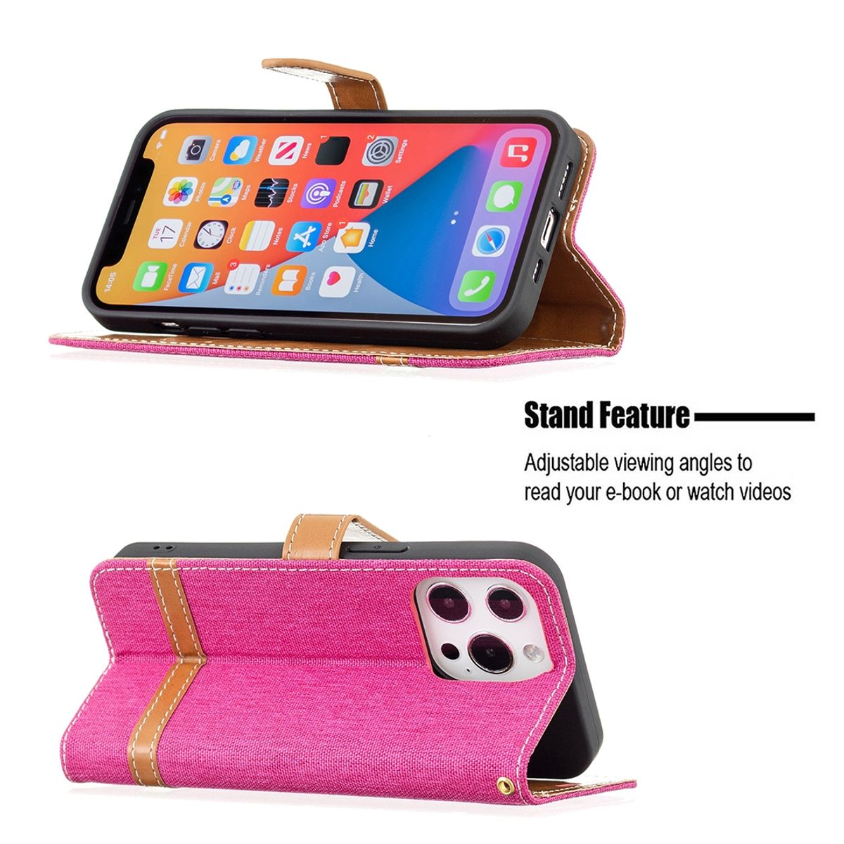 Handyhülle mit einem Telefon darin. Die Hülle ist rosa und braun, offen und geschlossen.