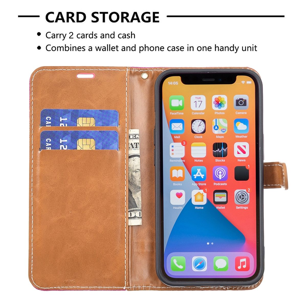 Eine offene Handyhülle mit einem Telefon und Karten sichtbar. Die Hülle ist braun und rosa und zeigt Karten und ein Telefon.