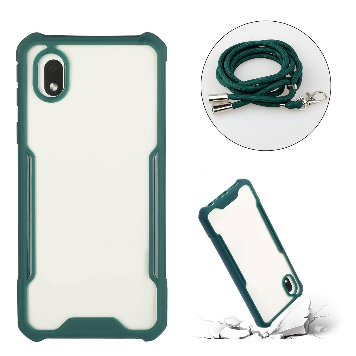 Grüne Handyhülle, weißes Telefon darin und ein grünes Schlüsselband.
