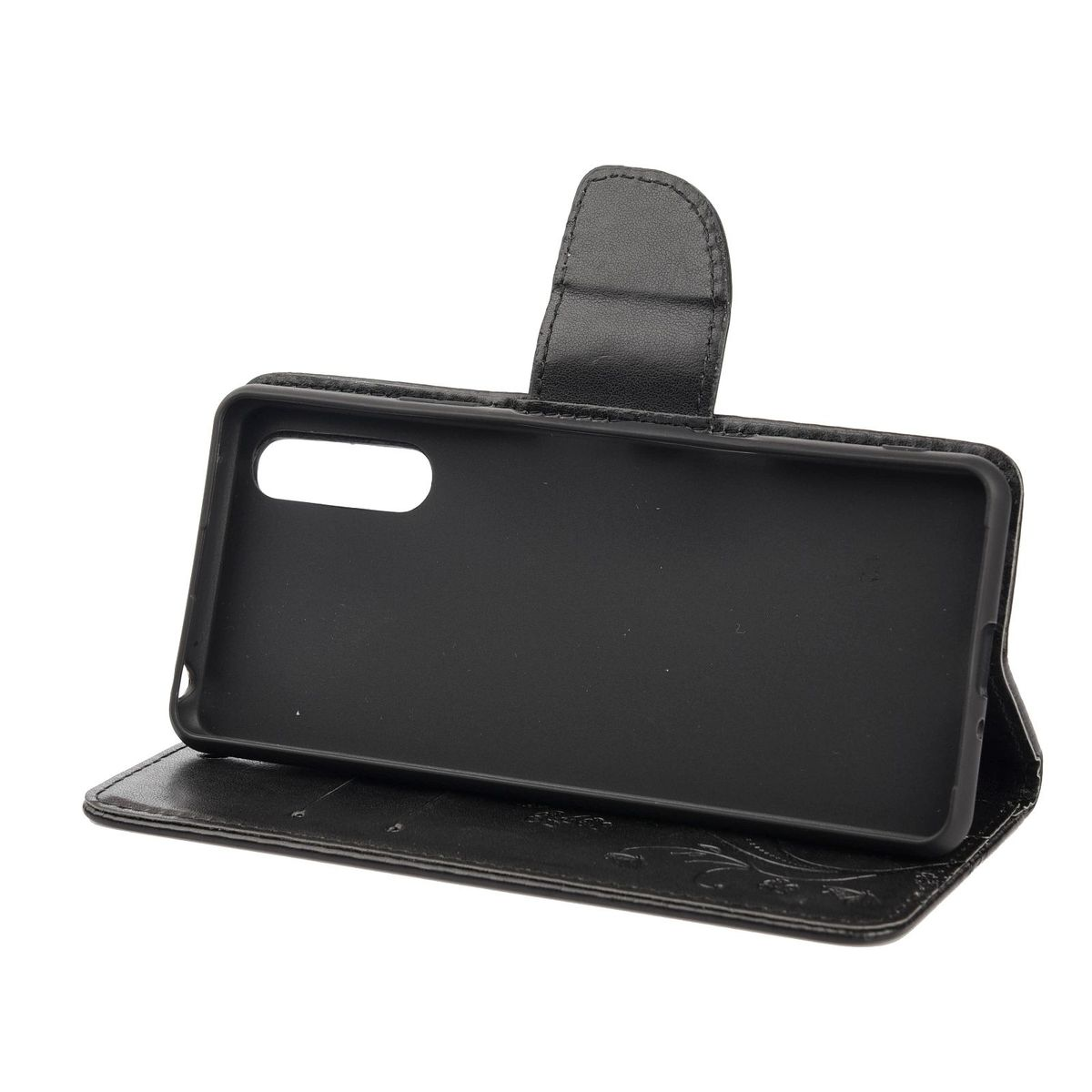 Eine schwarze Handyhülle mit offenem Klappdeckel, zeigt ein Telefon-Interieur. Schwarz.