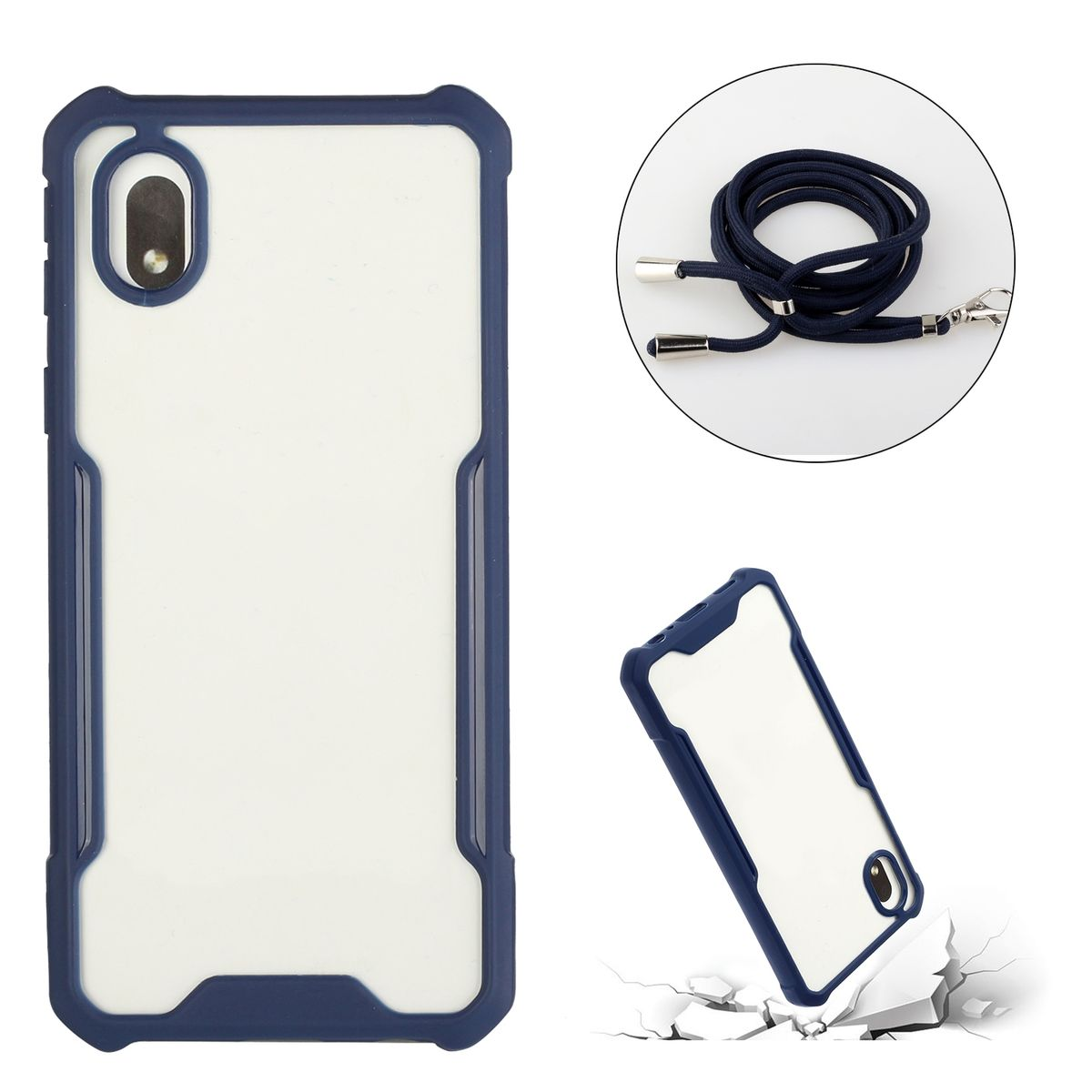Blau-weiße Handyhülle mit Lanyard und Telefon darin.
