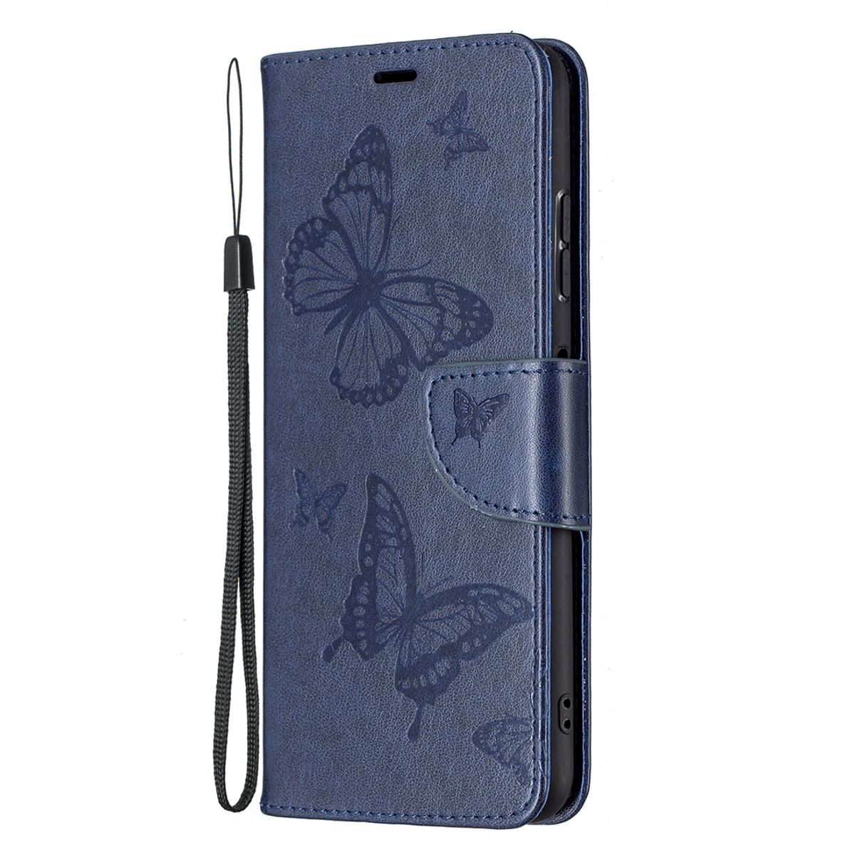 Eine blaue Handyhülle mit Schmetterlingsdesign. Die Hülle ist geschlossen und hat einen Riemen.