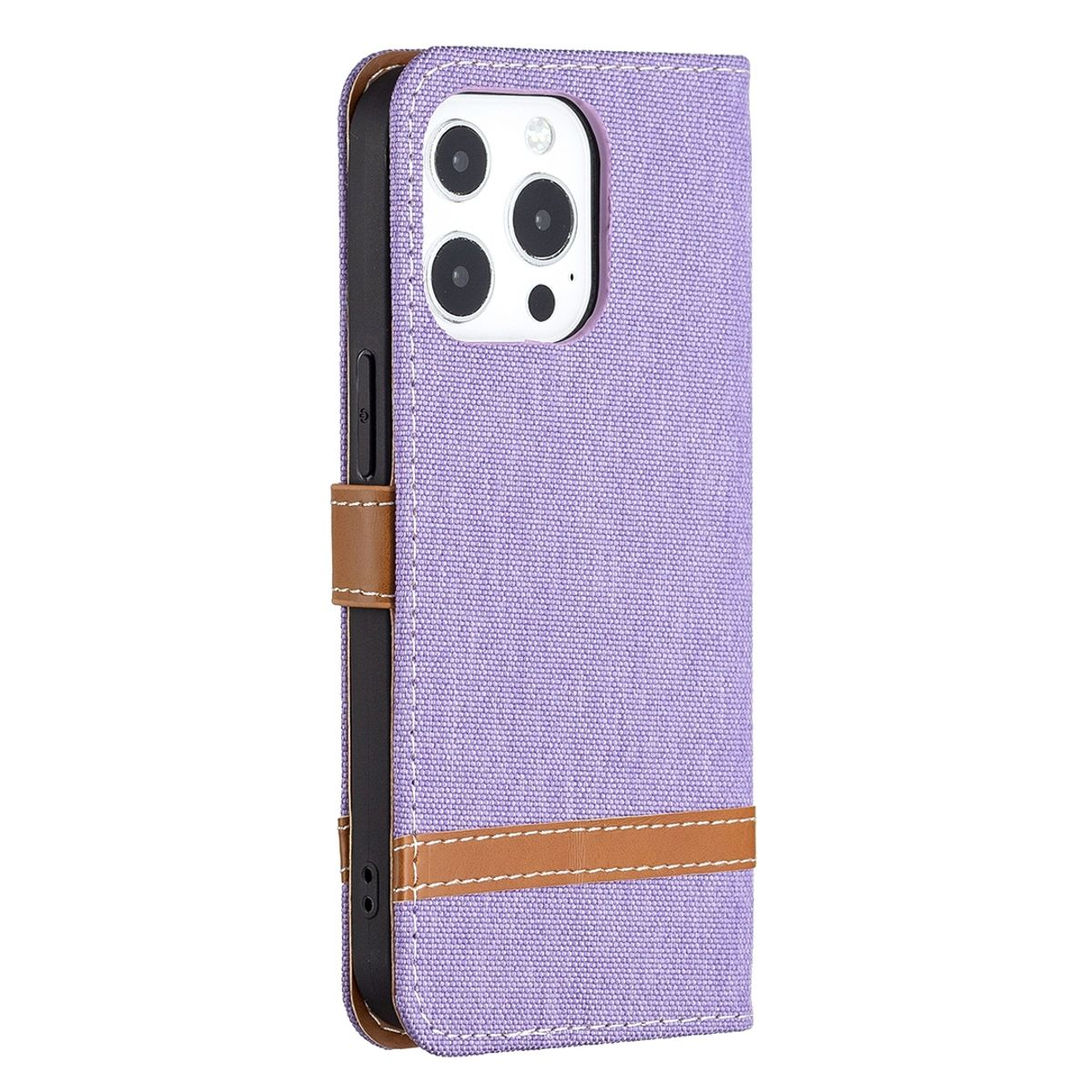 Eine lila Canvas-Handyhülle mit braunem Lederriemen und einem Telefon mit freiliegenden Kameralinsen.