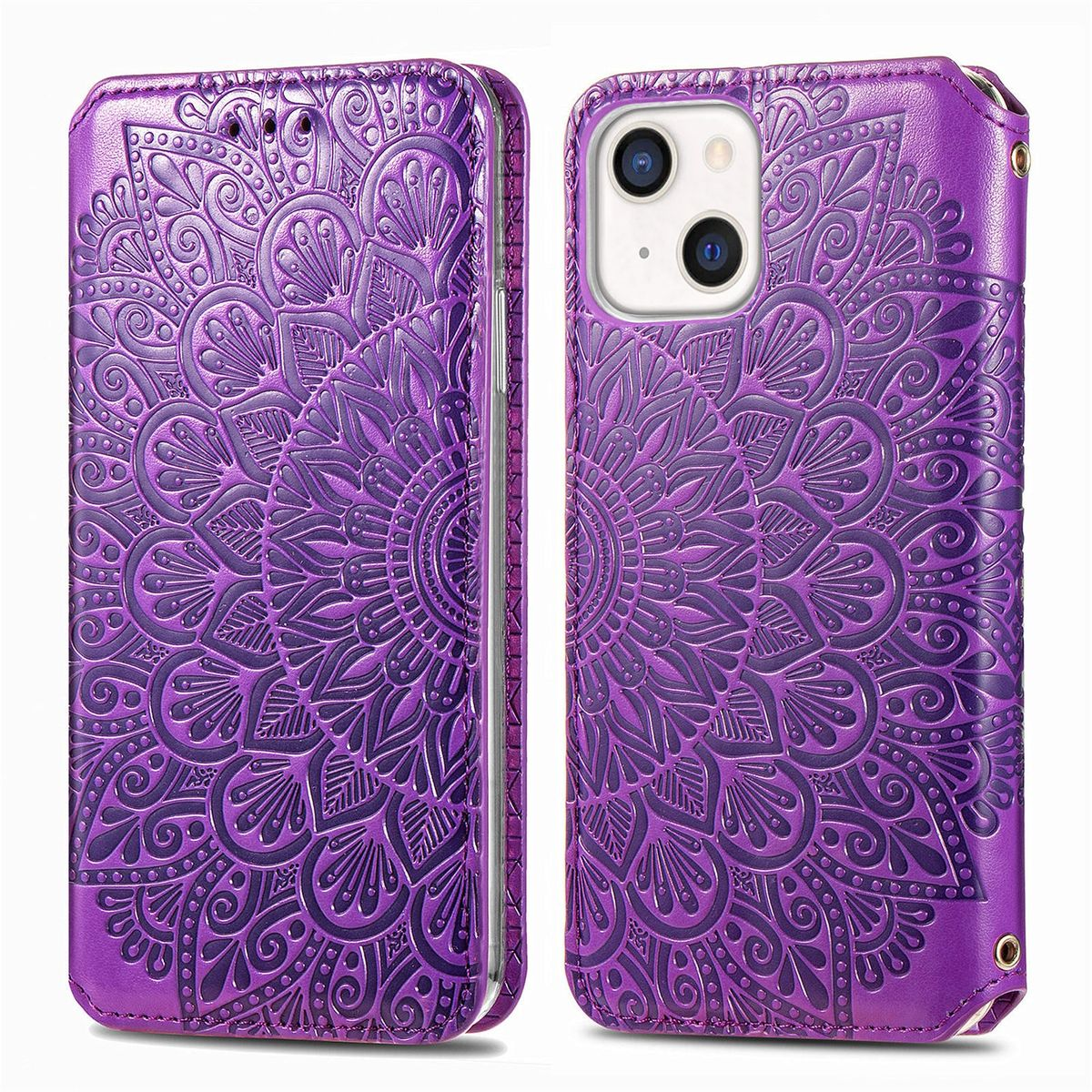 Lila Handyhülle offen. Die Hülle hat ein Mandala-Design auf der Vorder- und Rückseite. Weißer Hintergrund.