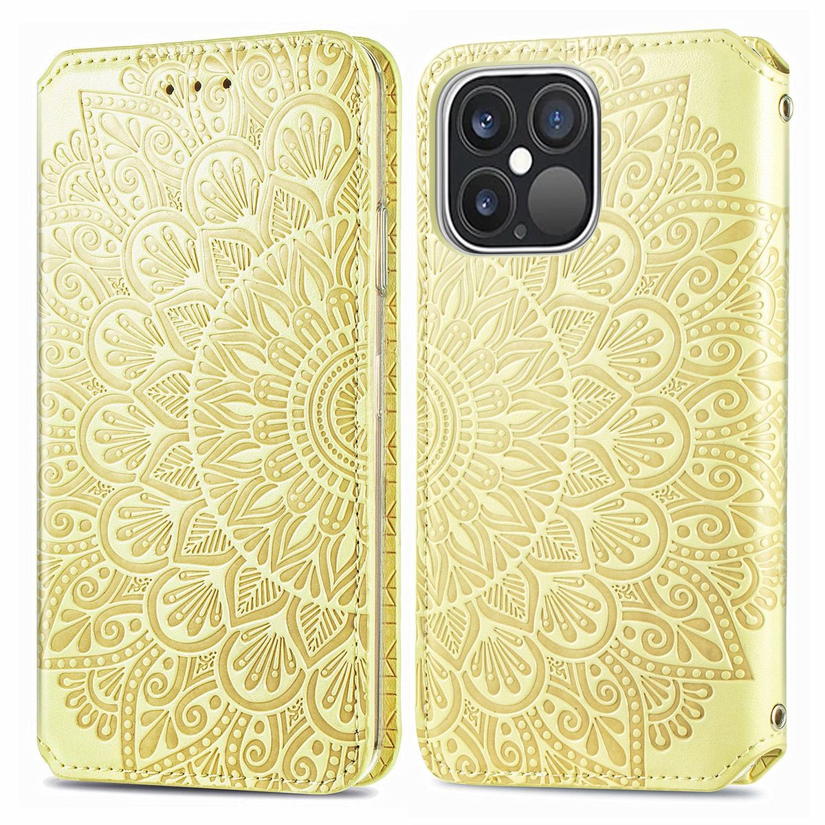 Eine gelbe Handyhülle mit Mandala-Design, geöffnet, um ein Telefon zu zeigen, vor weißem Hintergrund.