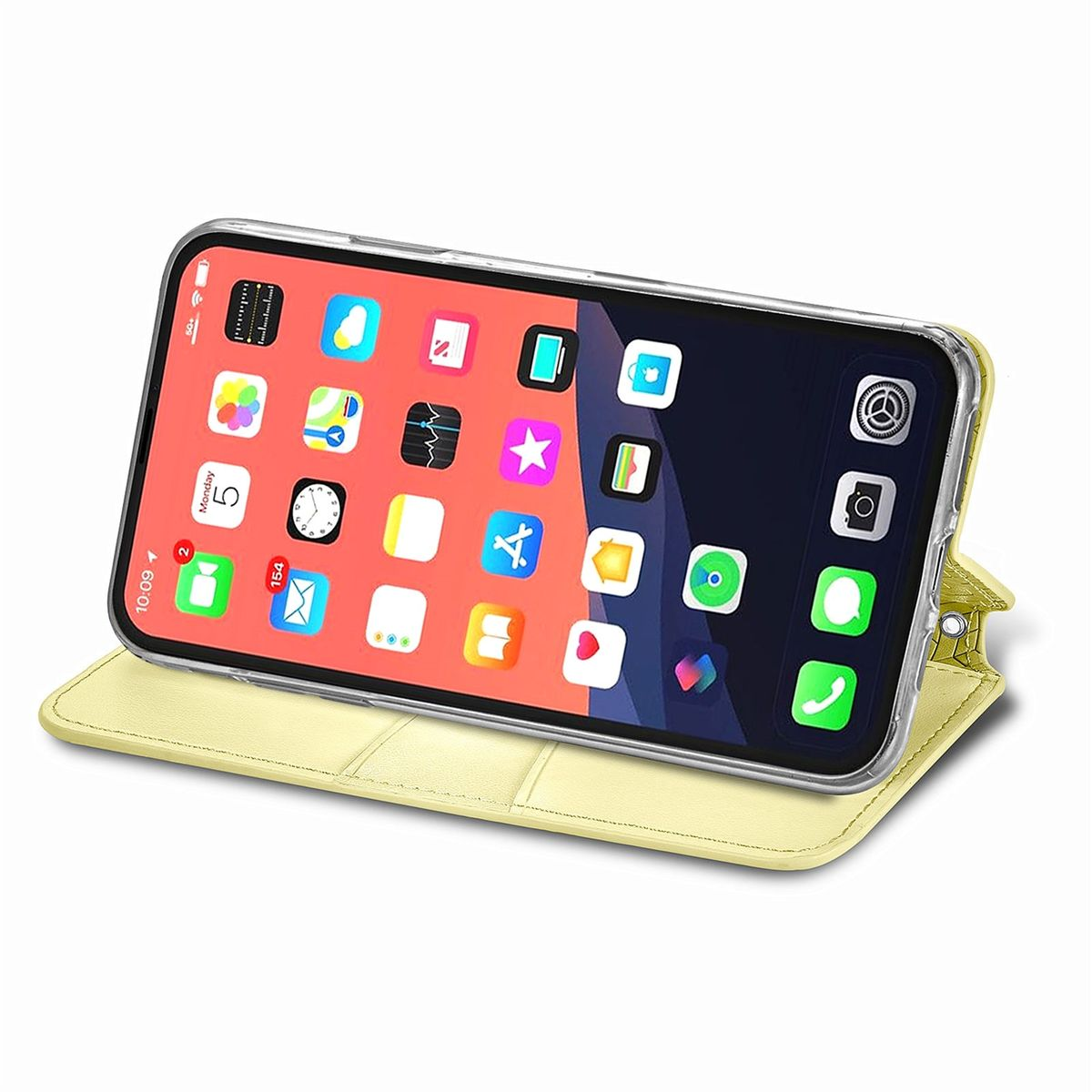 Smartphone mit gelber Brieftaschenhülle, zeigt App-Symbole auf dem Bildschirm.
