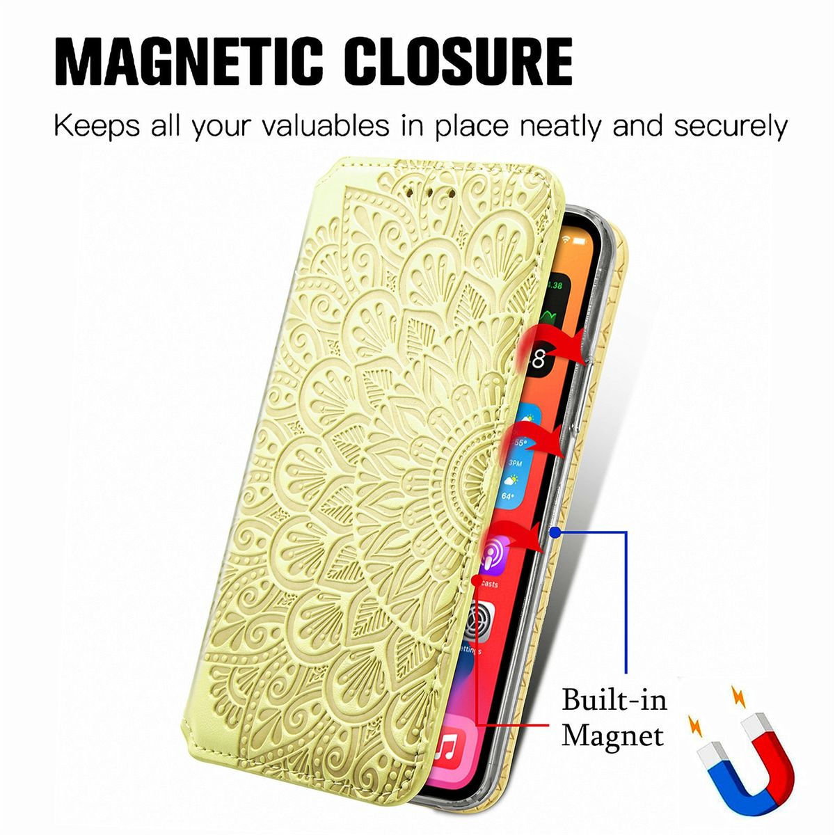 Handyhülle mit gelbem Blumendesign, geöffnet, um ein Telefon zu zeigen. Magnetverschluss gezeigt.
