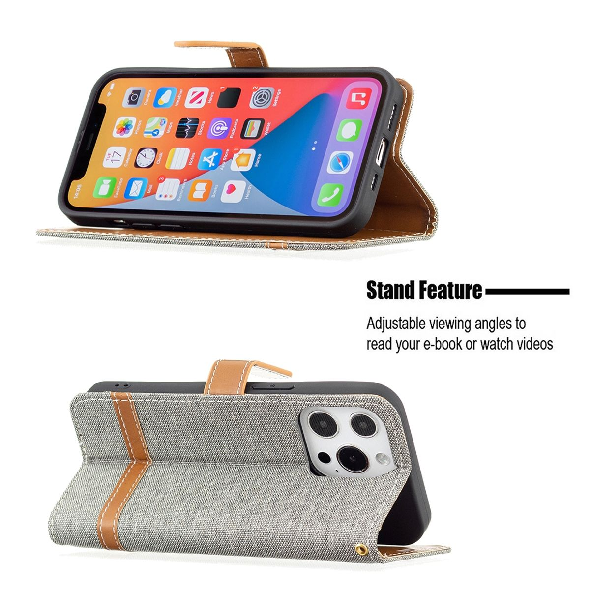 Zwei Handyhüllen, offen und geschlossen, mit einem Handy. Eine im hellbraunen Lederstil.