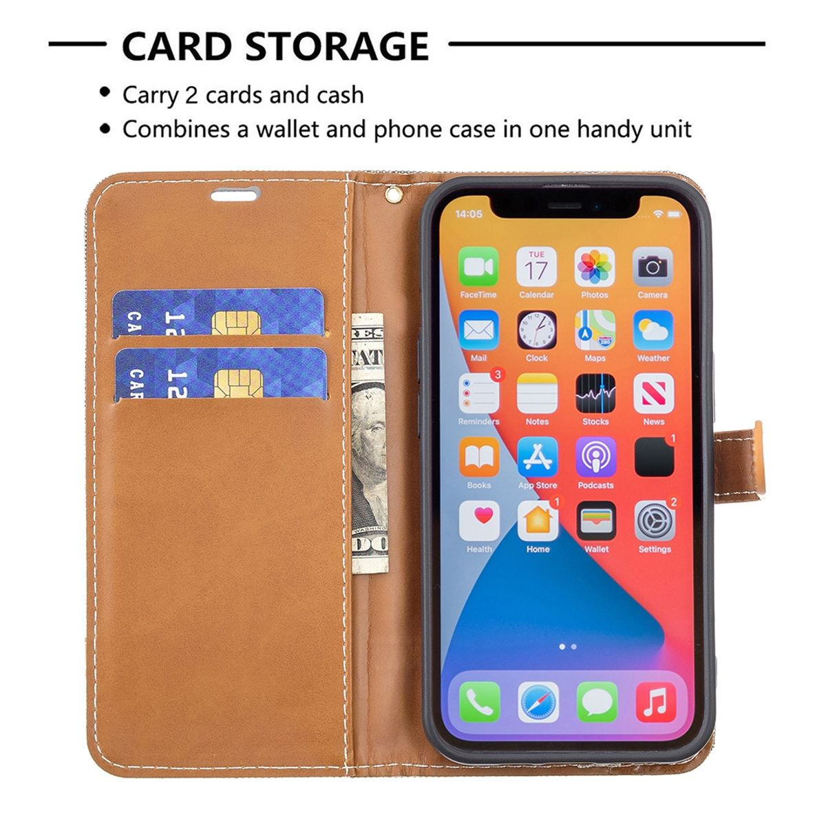Braune Handyhülle mit Telefon, Karten und Bargeld.
