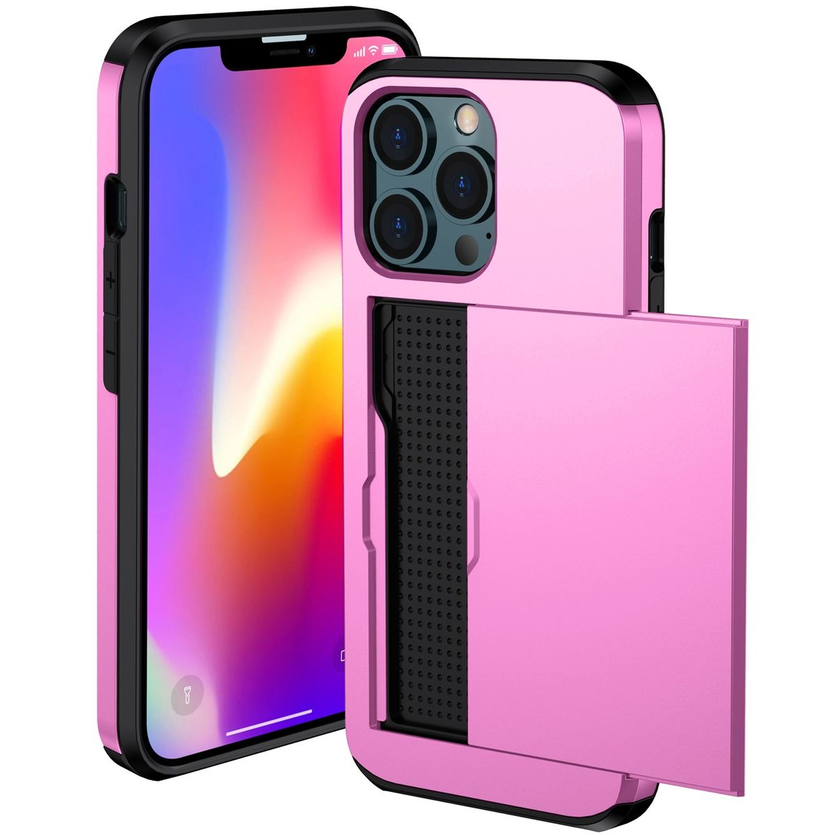 Rosa Handyhülle mit schwarzem Rand, Telefon innen und Kartenhalter. iPhone 12 Pro Max.