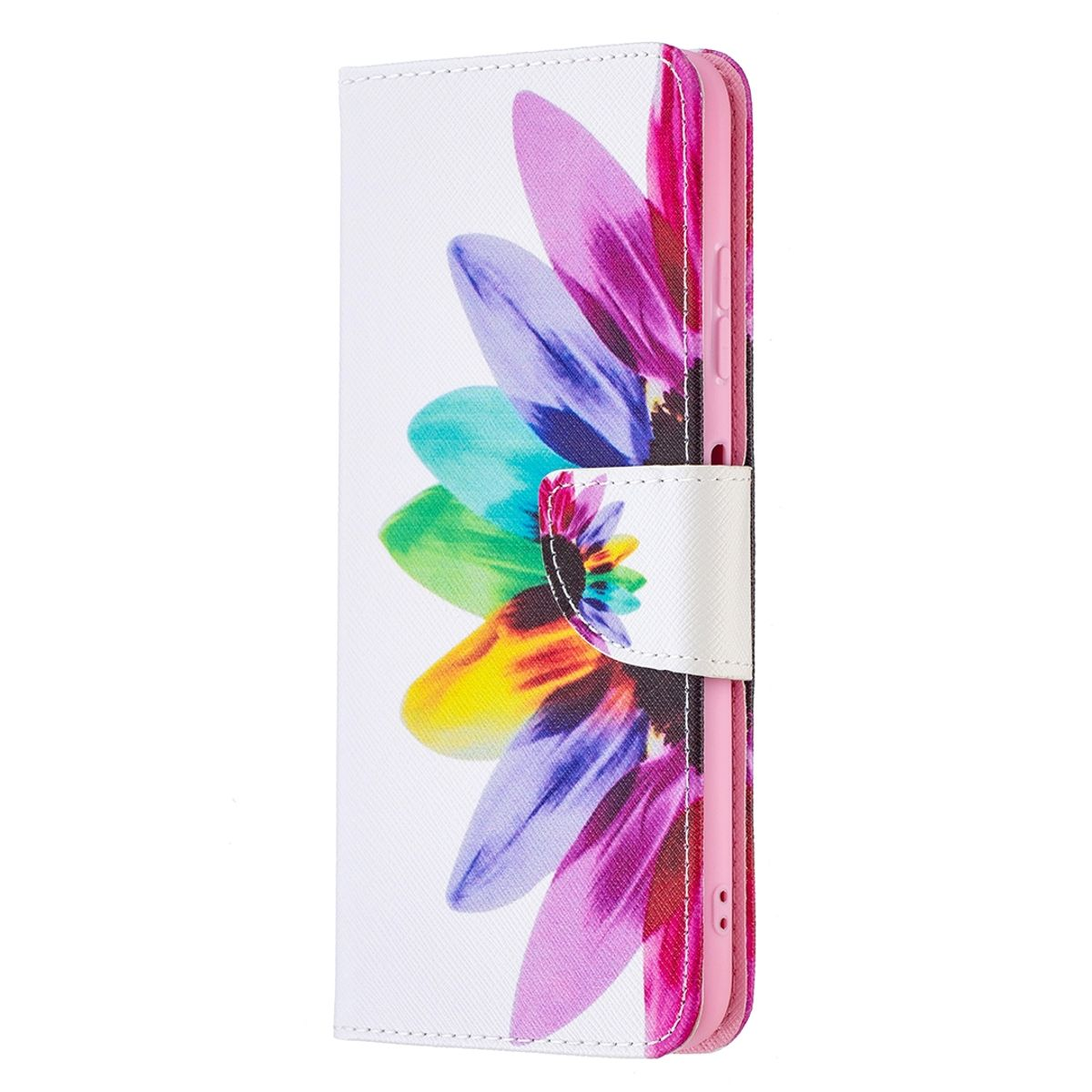 Weiße Handyhülle mit buntem Blumendesign auf der Vorderseite. Die Hülle ist offen und zeigt ein pinkes Telefon.