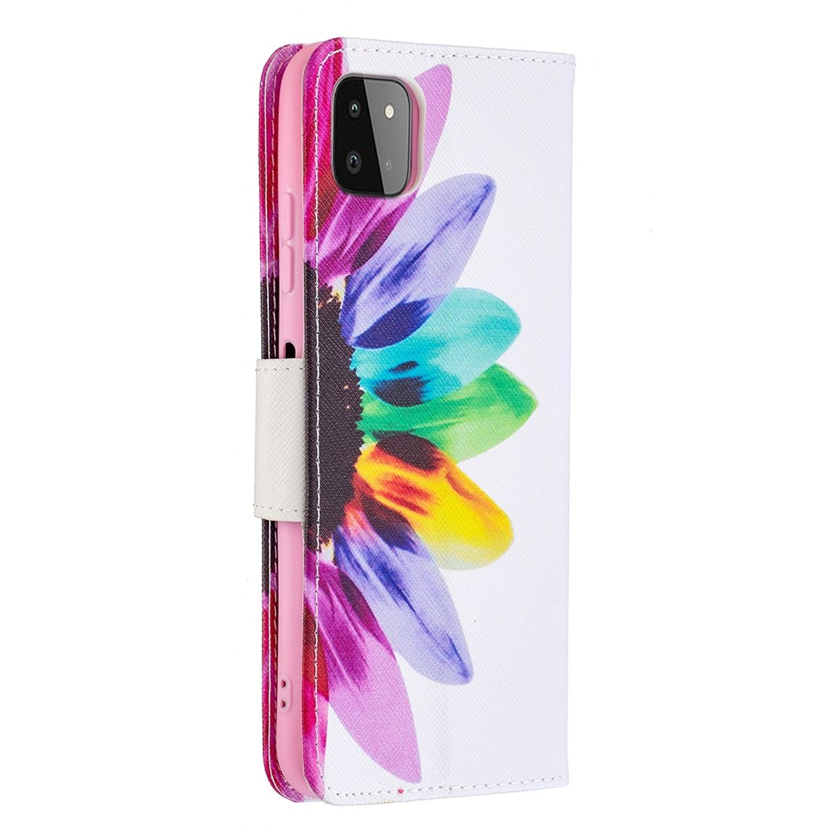 Weiße Handyhülle mit buntem Sonnenblumendesign. Rosa und weißer Hintergrund.
