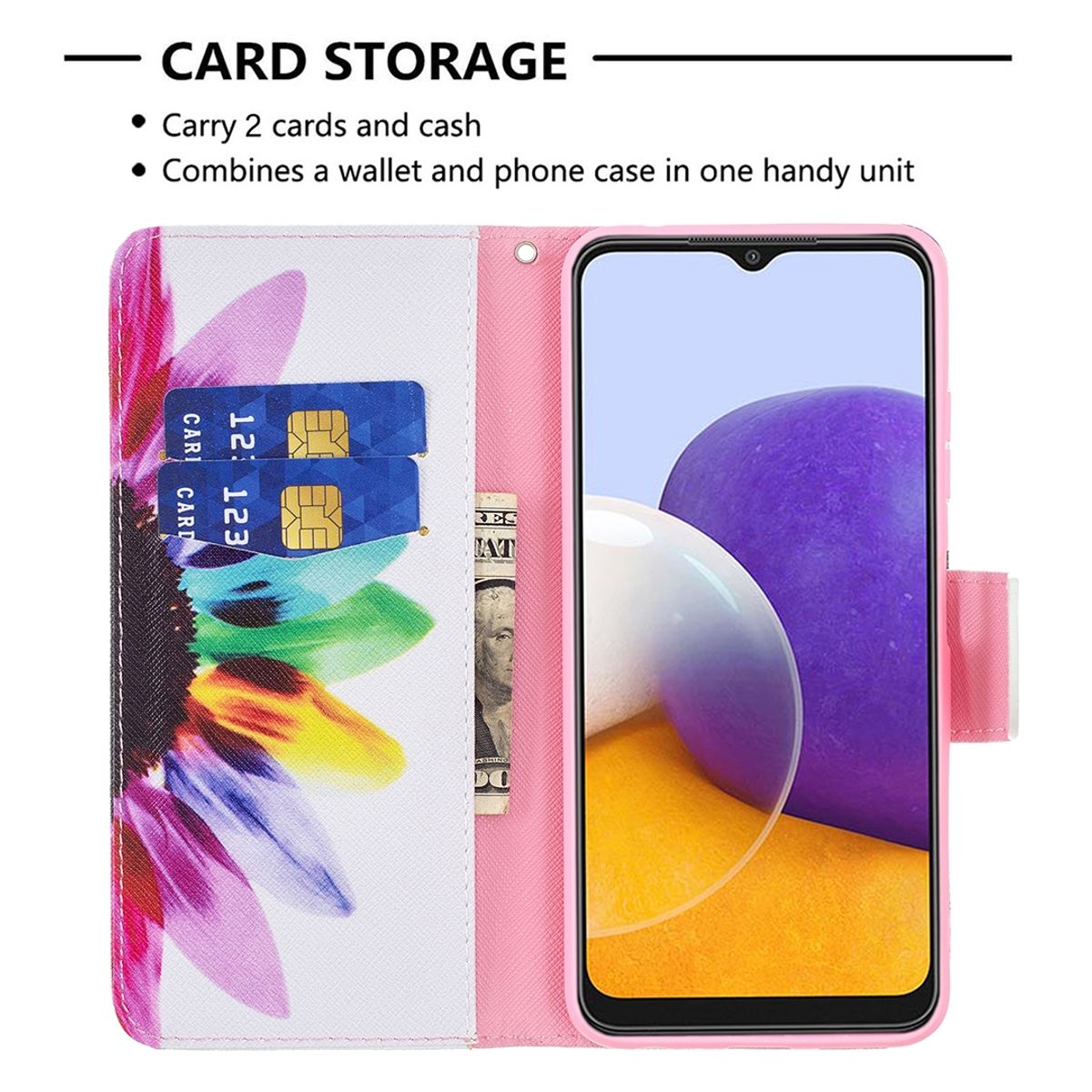 Geöffnete rosa Handyhülle mit Karten und einer Rechnung, mit einem Telefon darin. Blumendesign.
