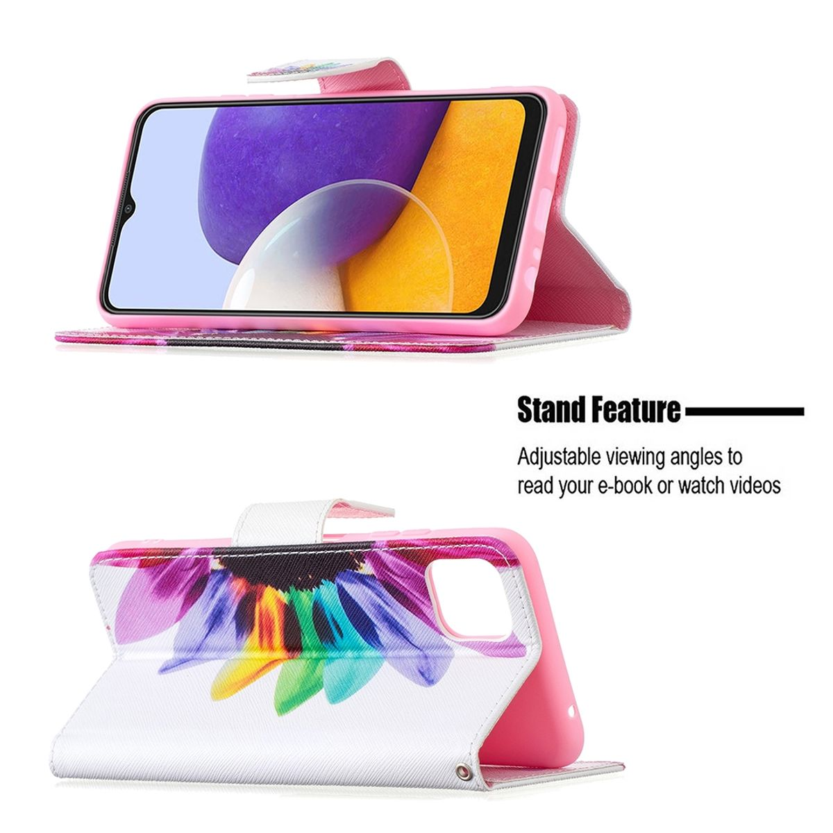 Rosafarbene Handyhülle mit Blumendesign ist geöffnet und zeigt das Telefon. Sie hat eine Standfunktion.