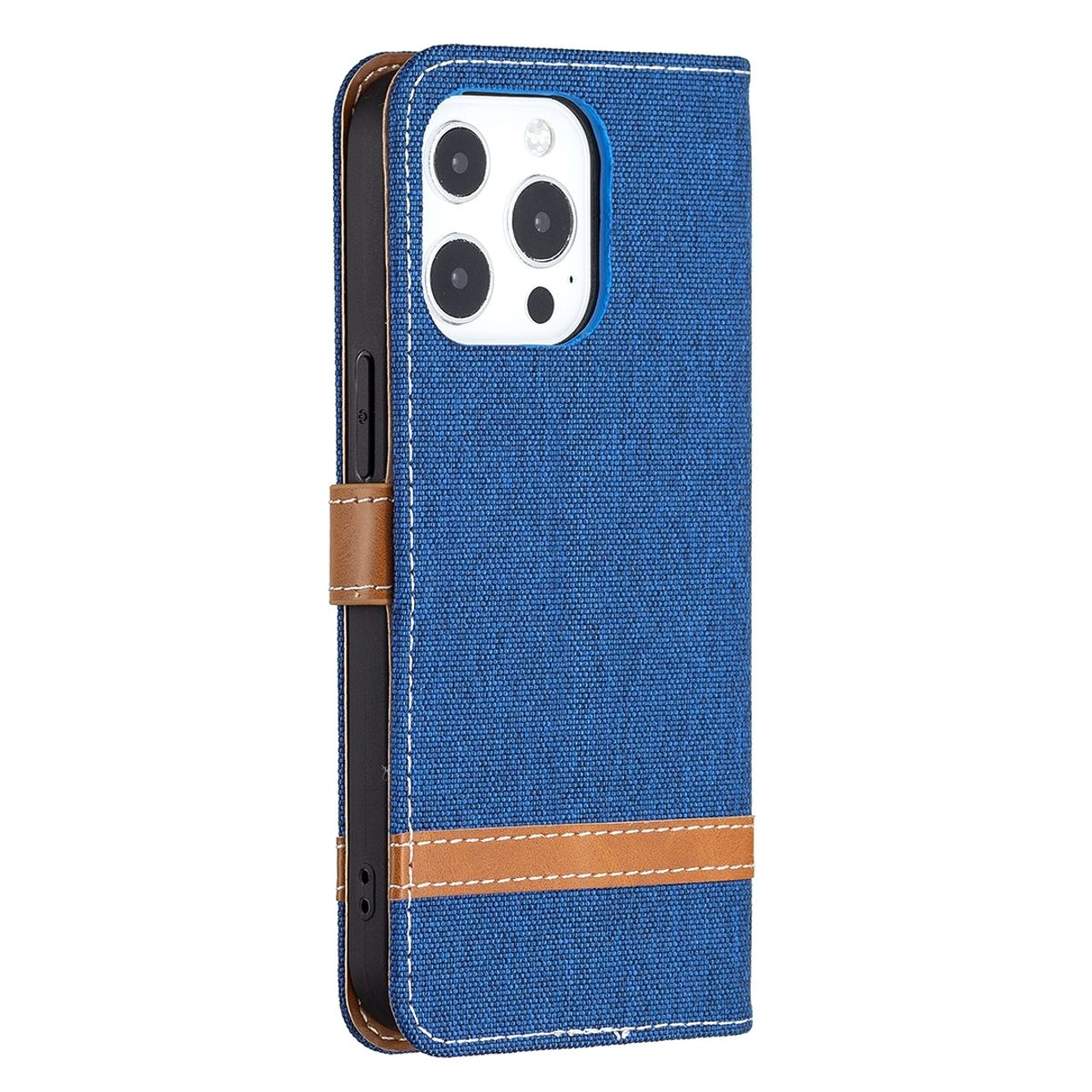 Blaue Handyhülle mit blauem Canvas-Außenmaterial und braunem Lederriemen. Die Kameralinsen sind sichtbar.