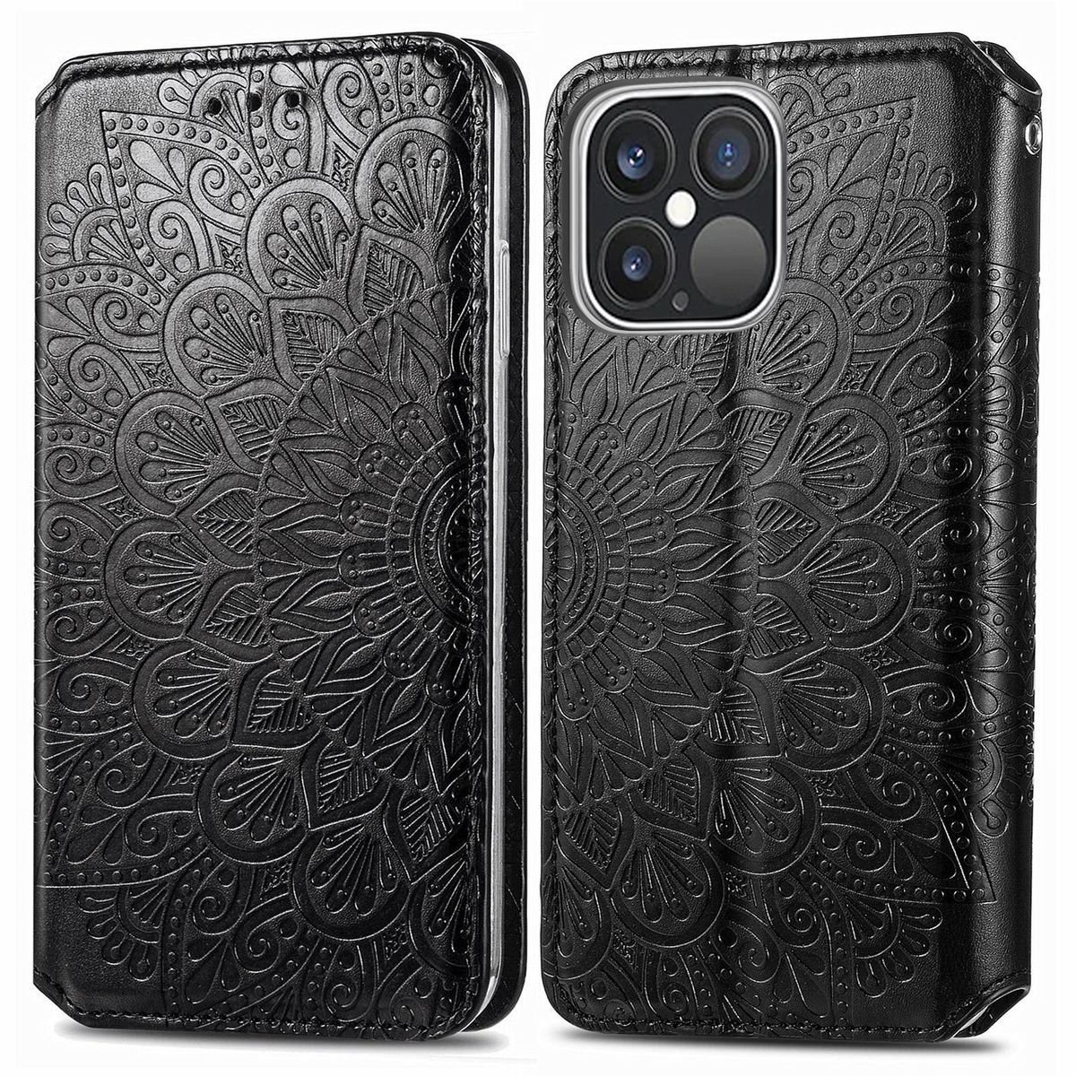 Schwarze Handyhülle mit Mandala-Design, geöffnet, um das Telefon zu zeigen. Die Hülle ist lederartig.