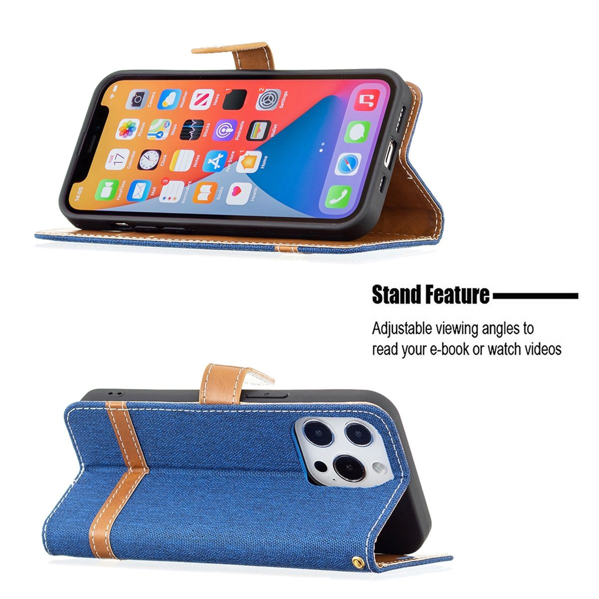 Handyhülle mit Ständerfunktion. Das Telefon ist offen. Jeansstoff und braunes Leder.