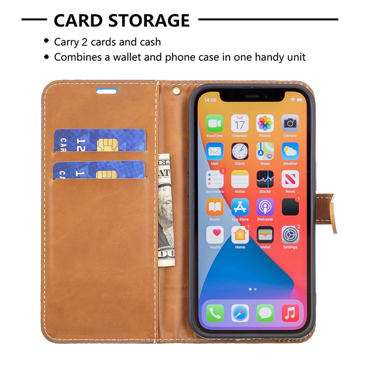 Eine offene Handyhülle mit sichtbaren Karten und Bargeld. Ein Telefon mit Startbildschirm ist darin.