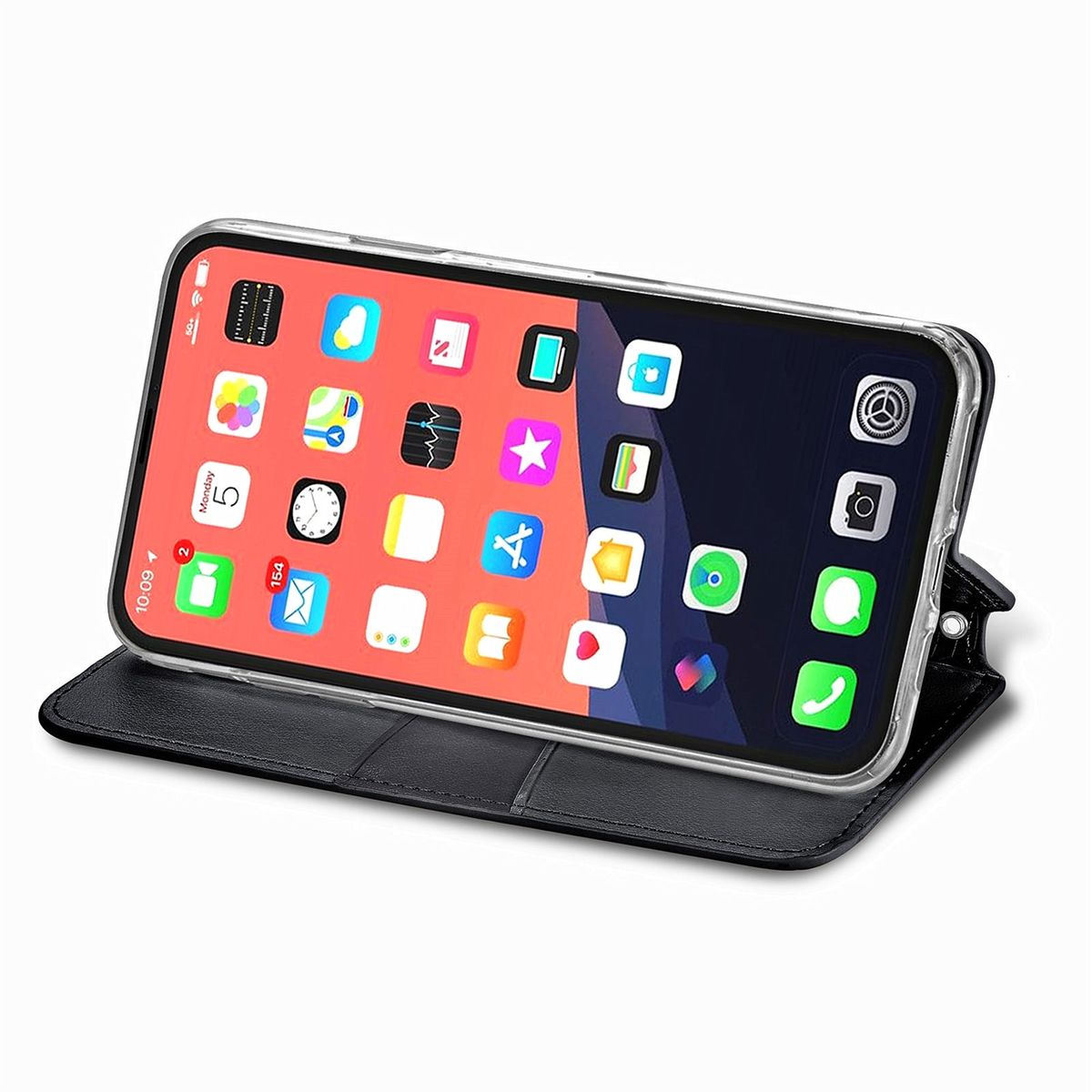 Eine offene Handyhülle mit Telefon, das App-Symbole anzeigt, auf weißer Oberfläche.