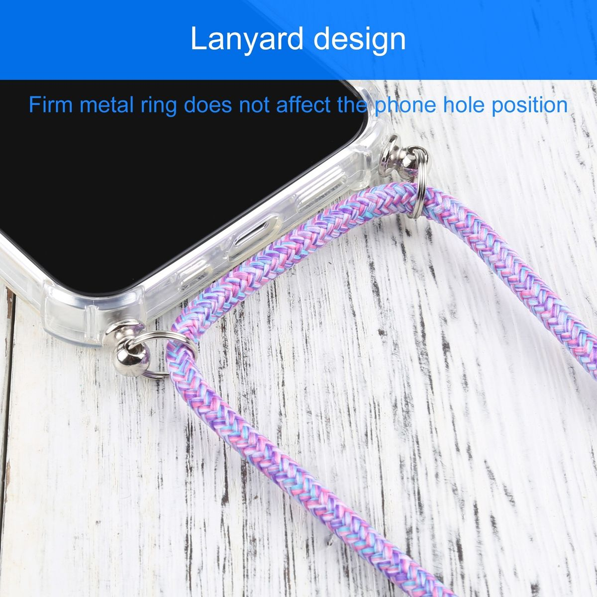 Telefon mit Lanyard. Das Telefon befindet sich in einer transparenten Hülle mit einem lila-weißen Riemen.