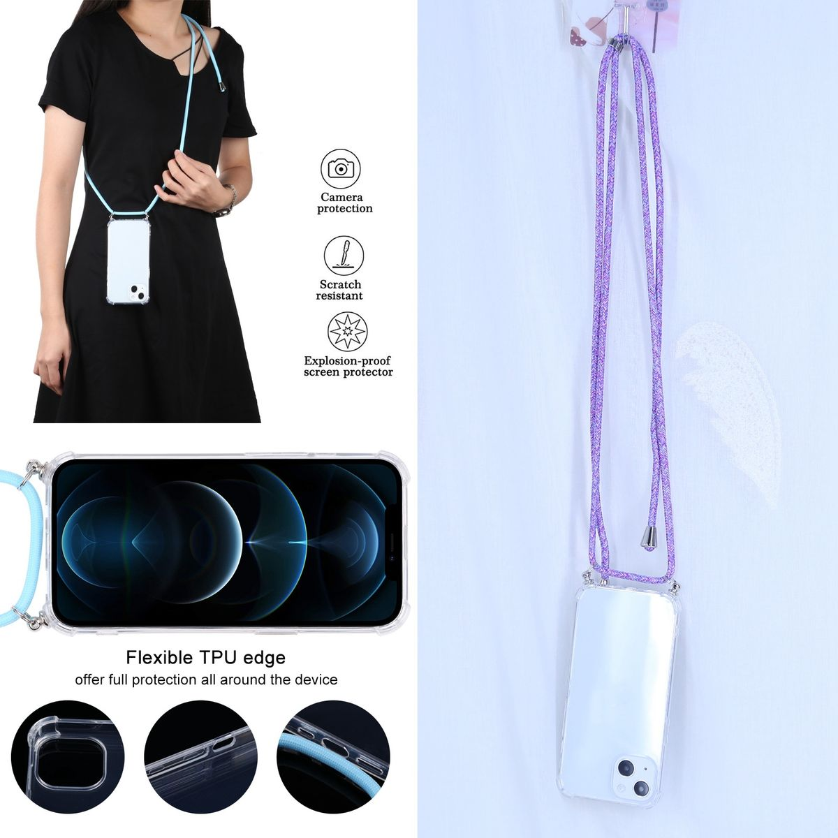 Frau mit Handy mit Lanyard, Präsentation der Handyhüllen-Funktionen. Nahaufnahmen des Gehäuses und des Handys mit Lanyard.