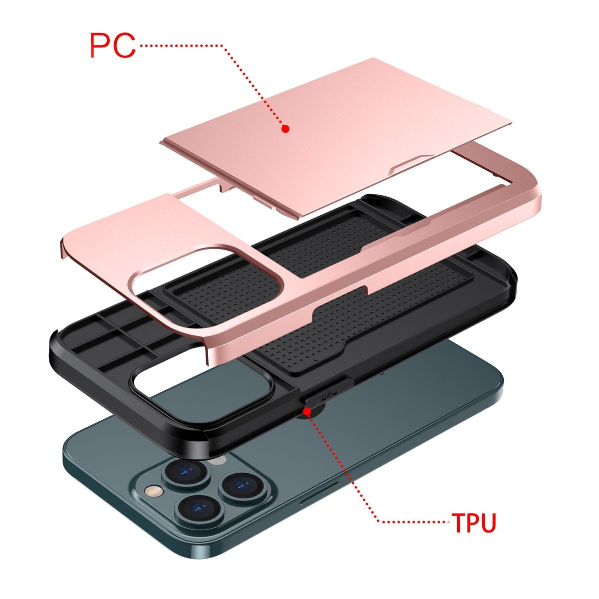 Handyhüllen-Schichten: PC, TPU, Telefonkomponenten, in Roségold und Schwarz.