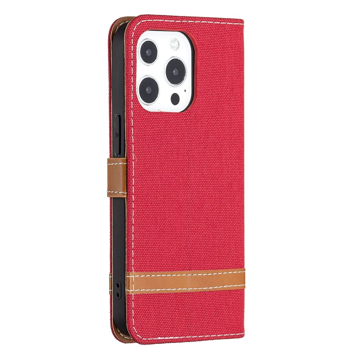 Rote Handyhülle mit braunem Riemen. Das Telefon befindet sich in der Hülle.