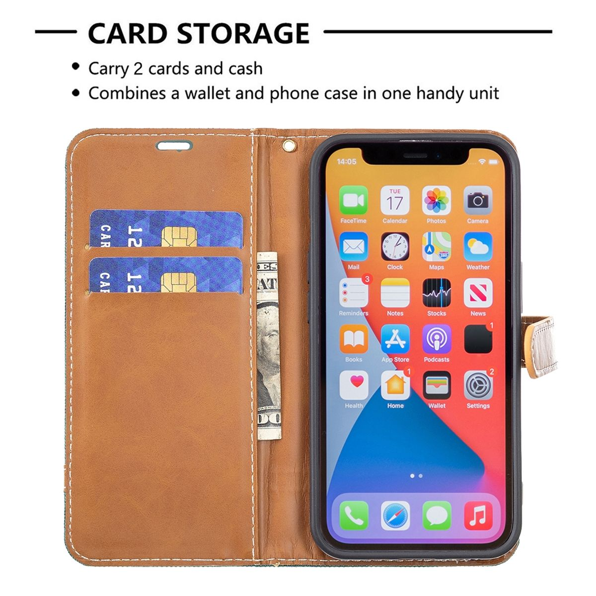 Braune Handy-Brieftasche mit Karten und Bargeld. Telefon sichtbar, zwei Kartenfächer, Bargeldfach.