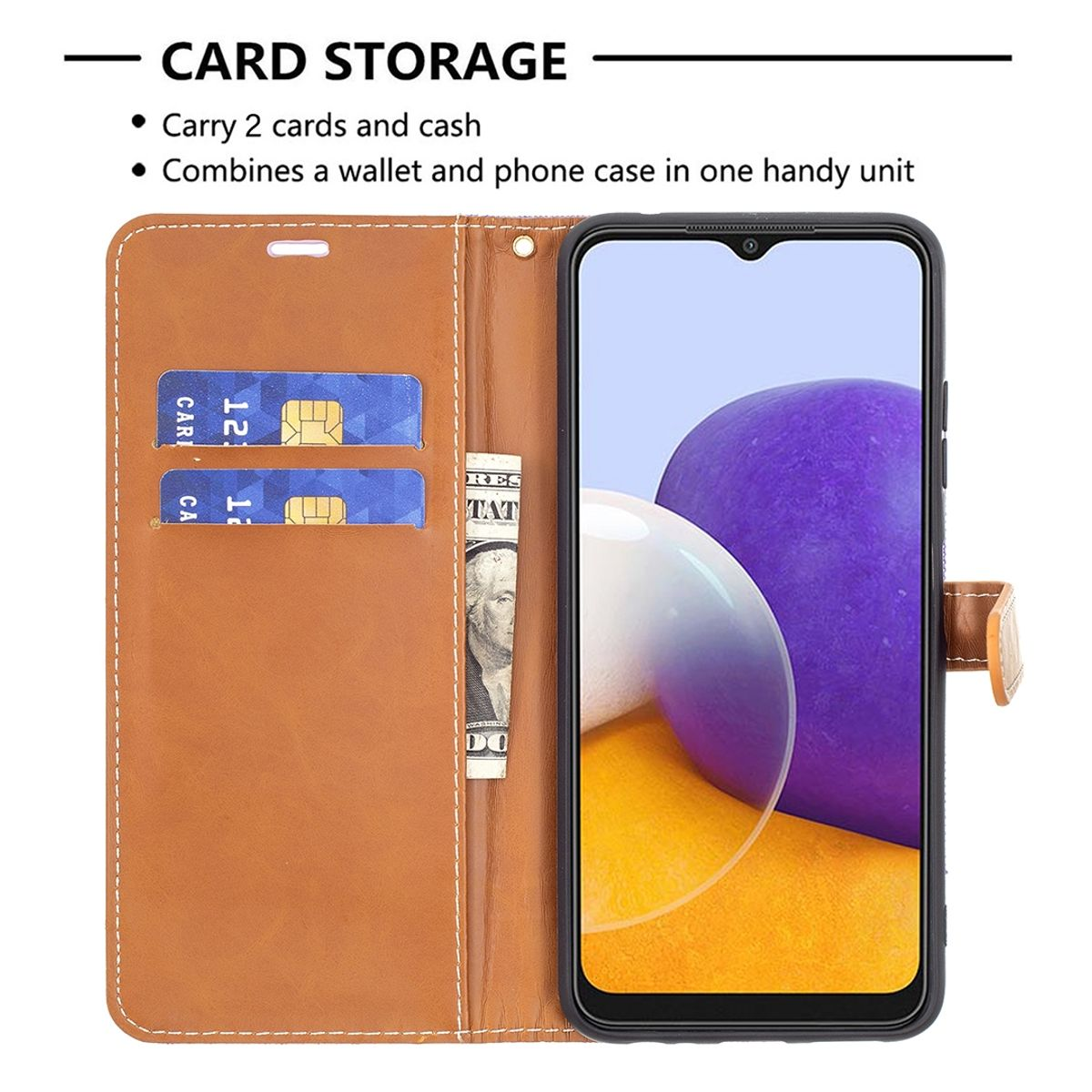 Geöffnete Handyhülle mit Karten und Bargeld. Telefonbildschirm sichtbar, zeigt abstraktes lila und gelbes Design.