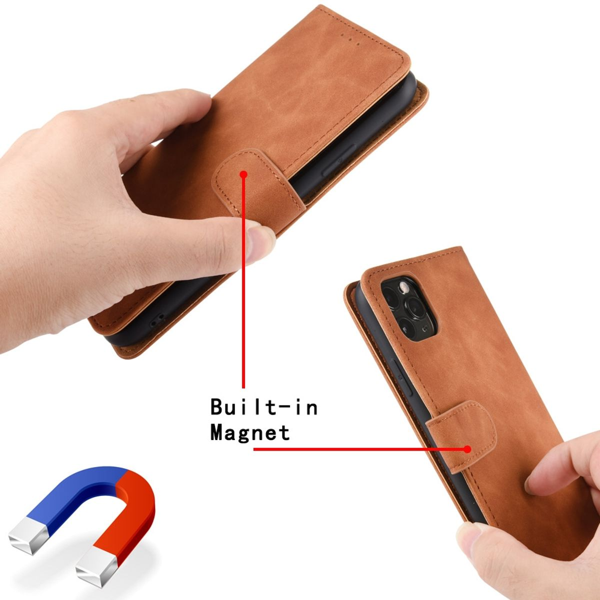 Eine braune Handyhülle mit Magnetverschluss. Zwei Hände halten sie offen, der Magnet wird gezeigt.