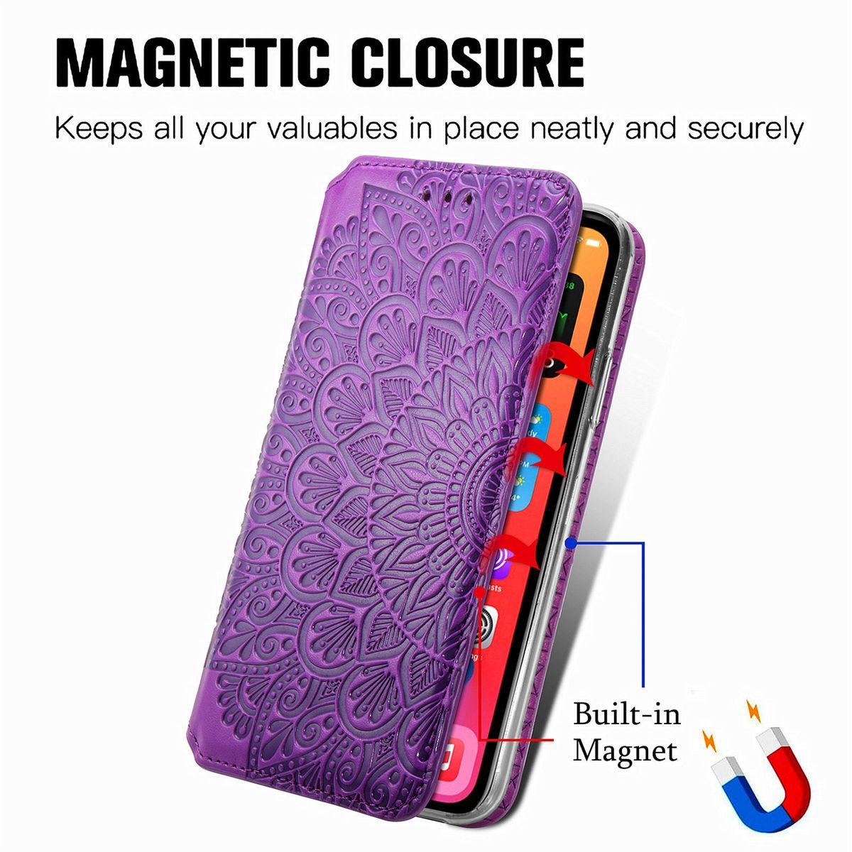 Violette Handyhülle mit Mandala-Design. Magnetverschluss und eingebauter Magnet. Telefon ist drin.