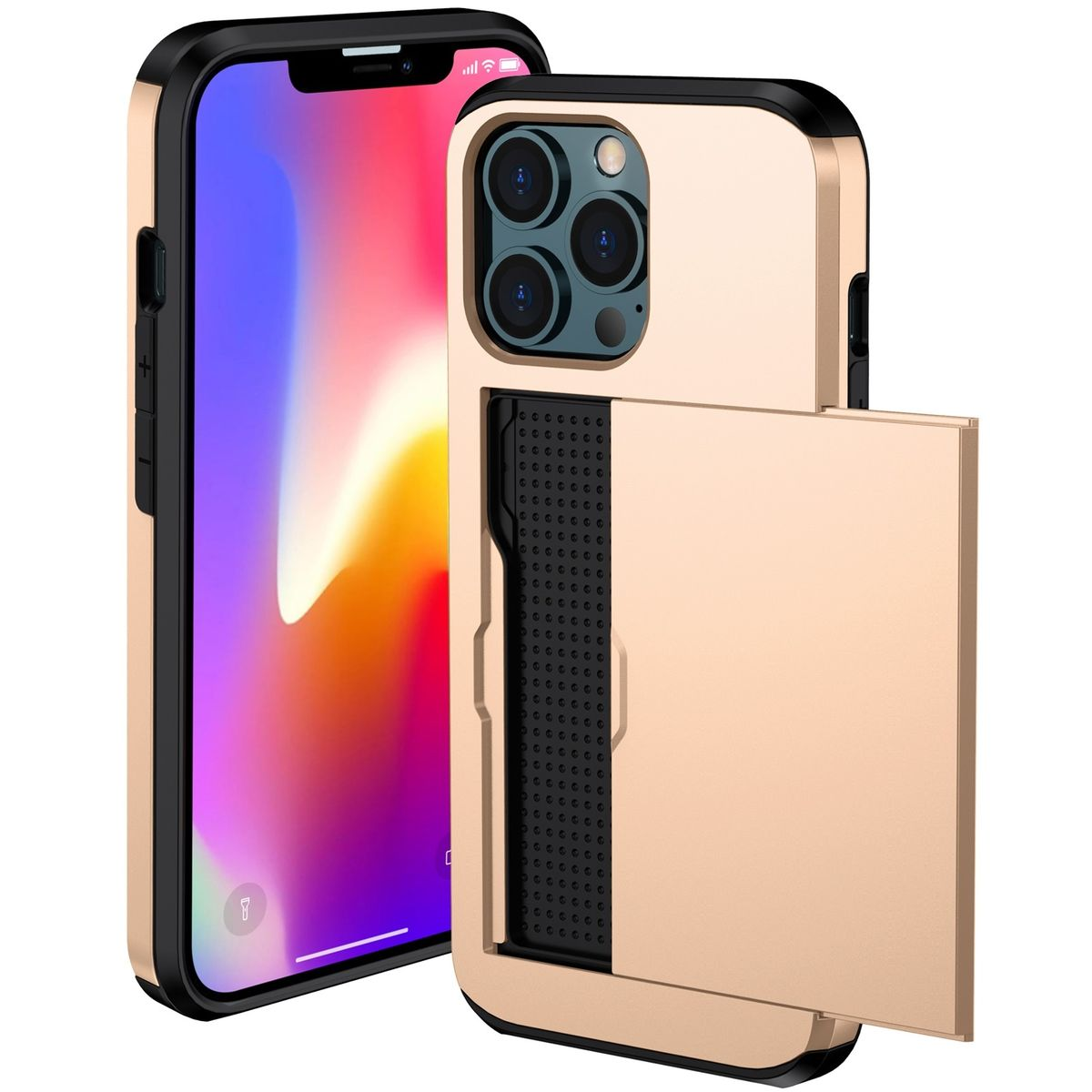 Goldenes Handycase mit Kartenfach und Telefon, mit Multi-Linsen-Kamera. Schwarzer Rand.