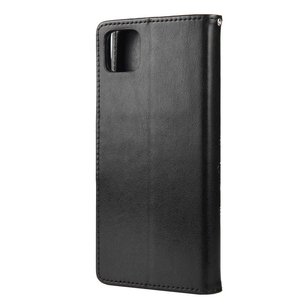 Eine geschlossene schwarze Handyhülle. Sie ist aus glattem Material und hat ein schlichtes Design.
