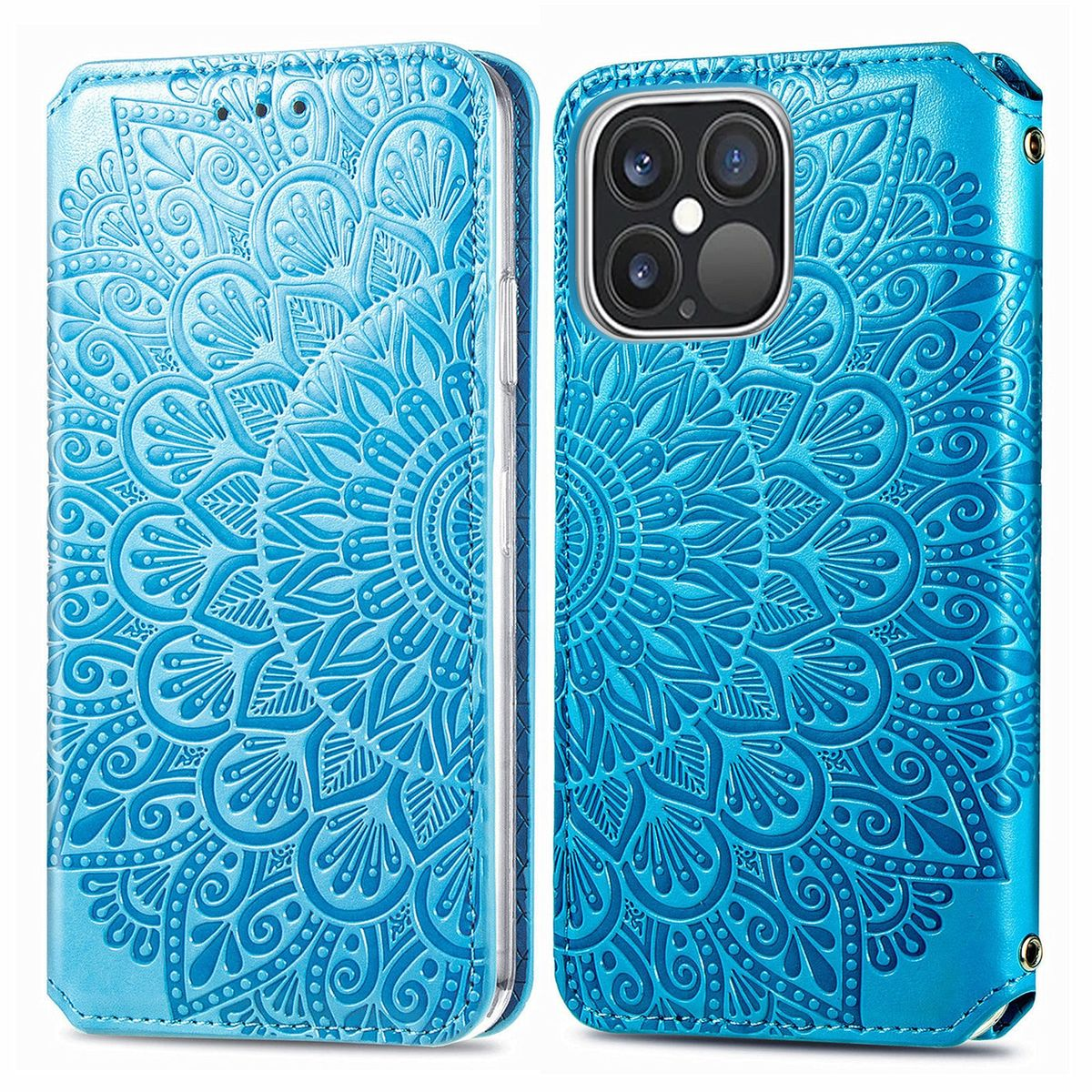 Offene blaue Handyhülle mit Mandala-Design. Zeigt Telefon innen, mit kompliziertem Muster.